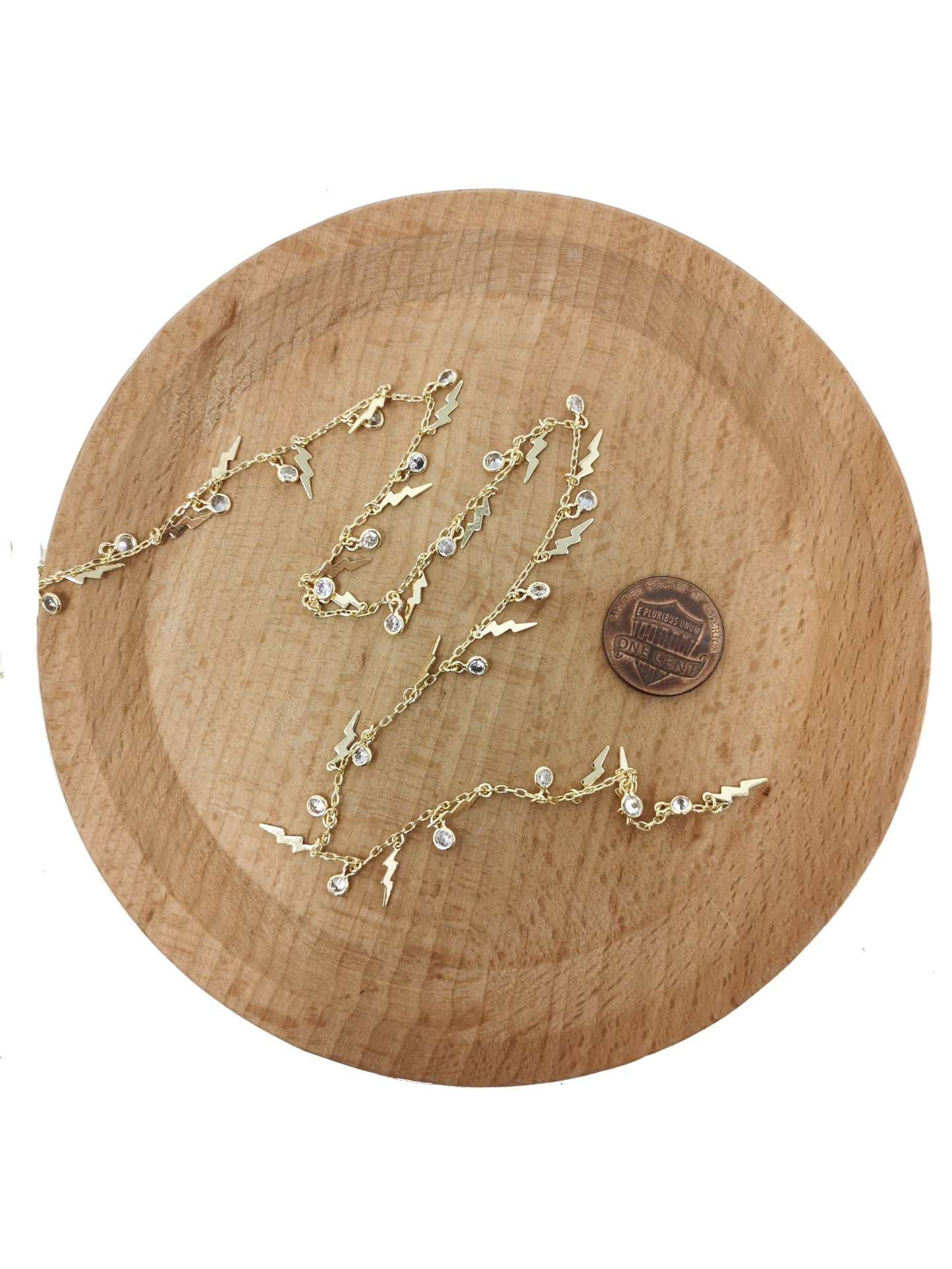 1mm Thick Micro Pave Thunder 14K Gold Rolo Cable Chain by Yard, CZ Lightning Charm Chain,CZ Charm size 6x3mm Lightning 10x2mm,roll-22