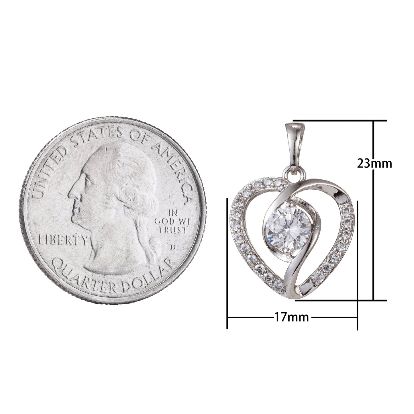 1pc White Gold Micro Pave CZ Heart Pendant Charm, Link Heart Micro Pave CZ Pendant Charm, White Pendant, For DIY Jewelry