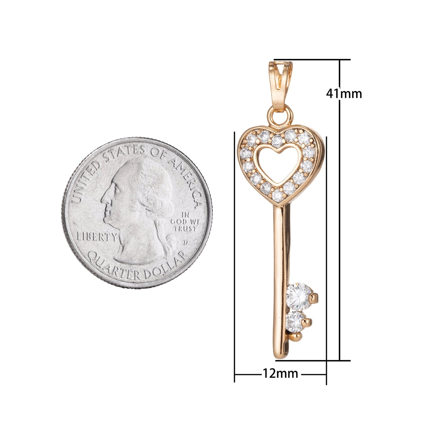 1pc 18k Rose Gold Filled Micro Pave CZ Heart Key Pendant Charm, Micro Pave CZ Key Pendant Charm, Key Pendant, For DIY Jewelry, pdgf-1470