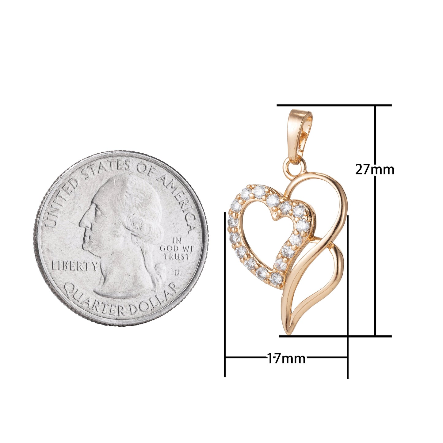 1pc 18k Gold Micro Pave CZ Heart Pendant Charm, Micro Pave CZ Pendant Charm, Heart Pendant, For DIY Jewelry, 1477