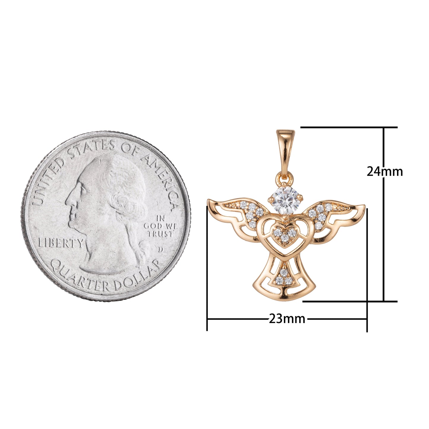 1pc 18k Gold Micro Pave CZ Angel Wing Heart Pendant Charm, Micro Pave CZ Pendant Charm, Pendant, For DIY Jewelry