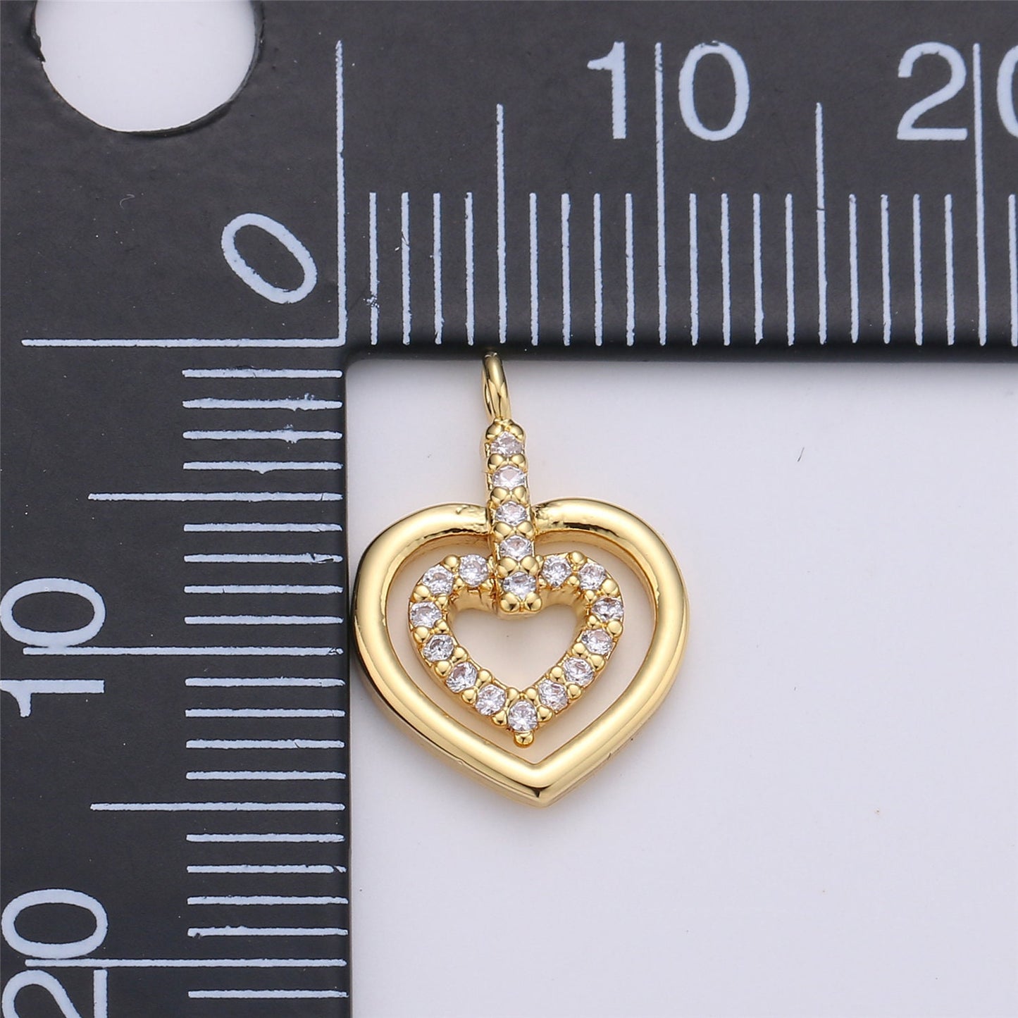 1pc 24k Gold Micro Pave CZ Heart Pendant Charm, Heart in Heart Micro Pave CZ Pendant Charm, Pendant, For DIY Jewelry