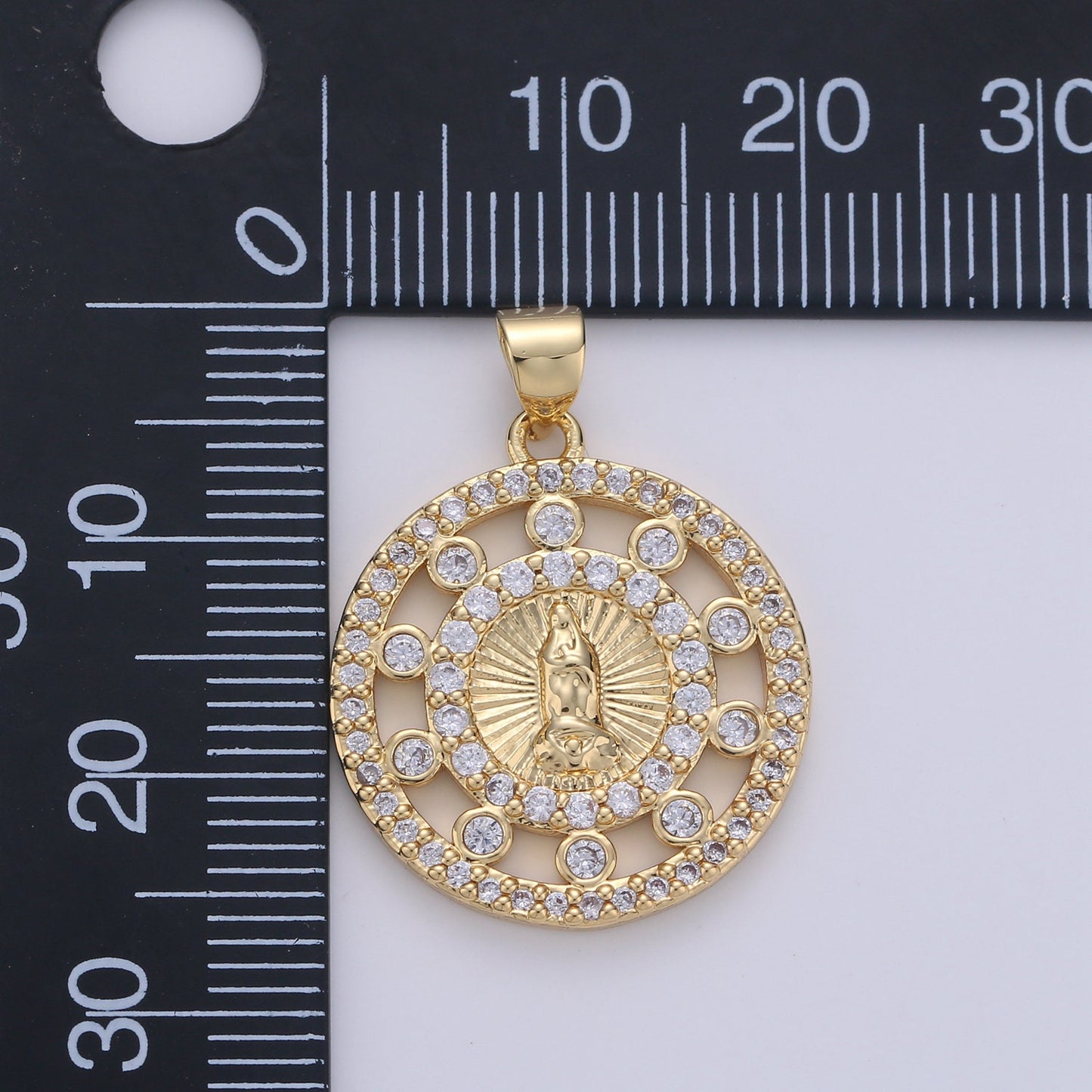 24k Gold CZ Virgin Mary Pendant, Lady Guadalupe Cubic Zirconia Charm, Mother of God Medallion, Rosary Charm for Necklace
