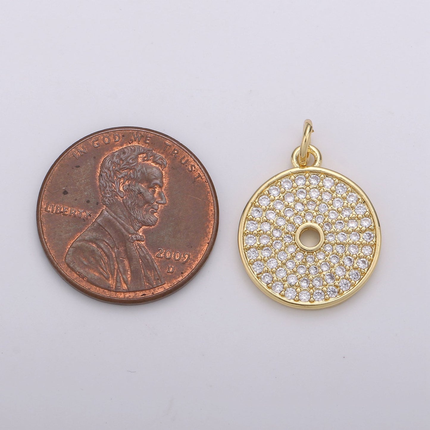CZ Clear Micro Pave Coin Charm, Round Disc Pave Charm, Gold Micro Pave Dangle Charms for Necklace Bracelet Earring Supply | D-352