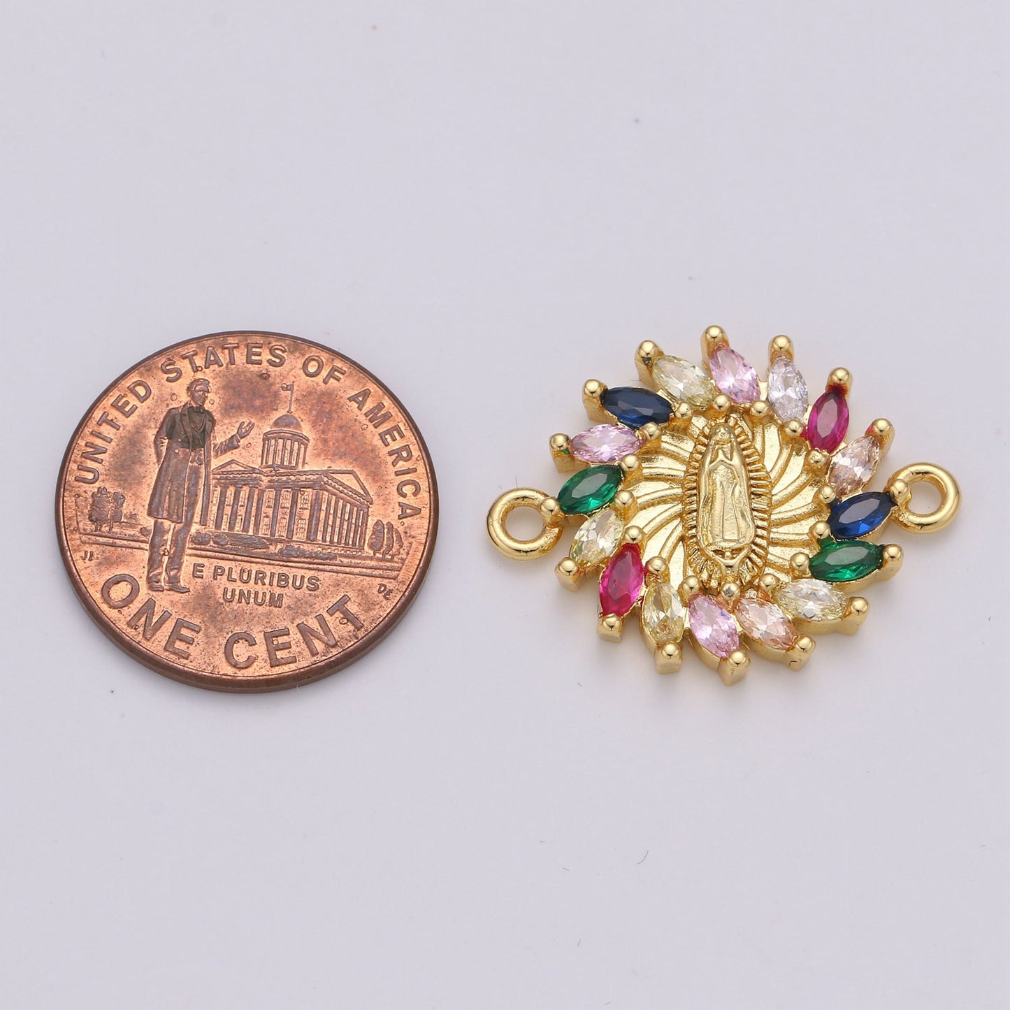 Rainbow CZ paved Gold Virgin Mother Mary Connectors, Catholic Baptism Lady Guadalupe Charm, Medallion Religious Jewelry Craft Supply