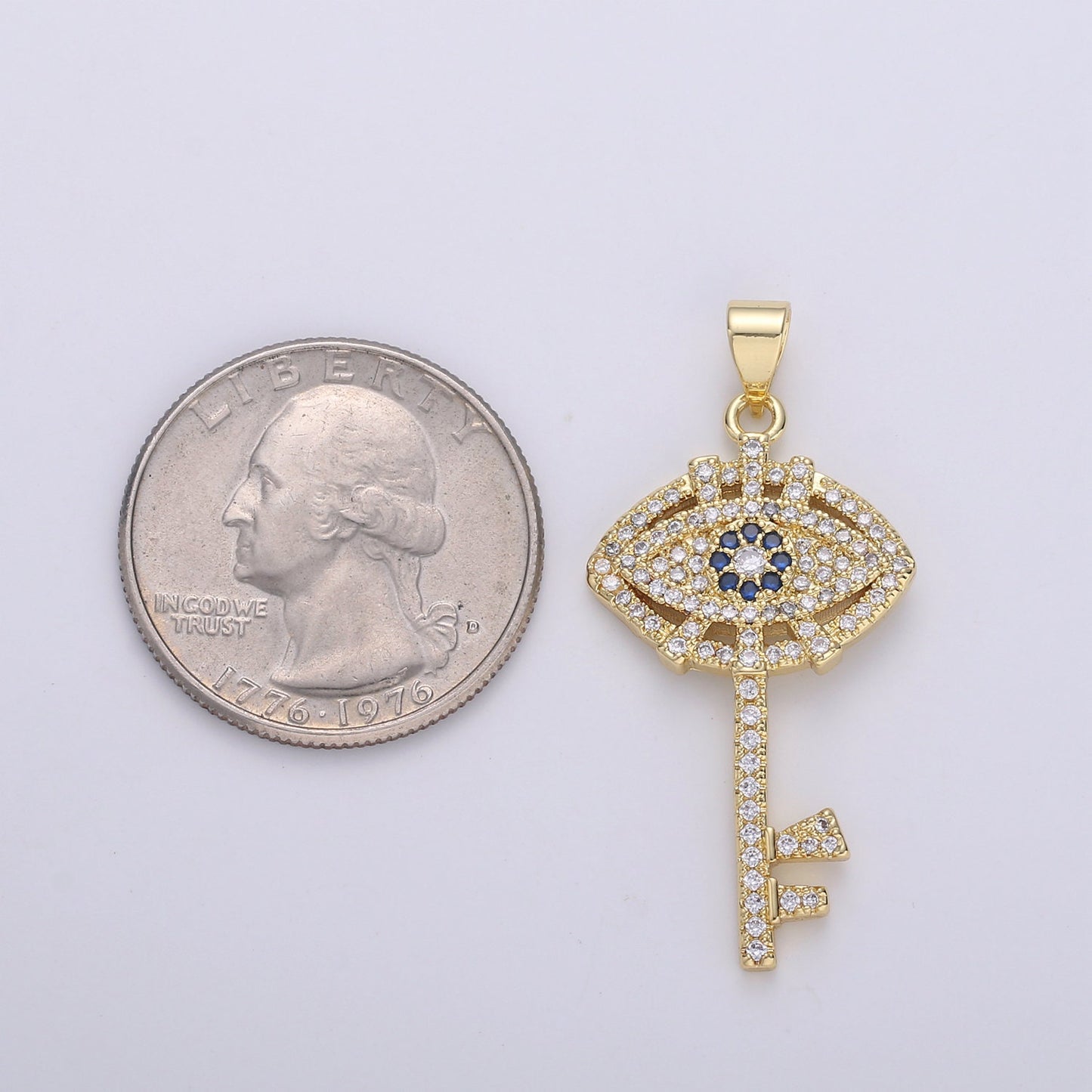 24k Gold Evil Eye Pendant Micro Pave Evil Eye Charms, Gold Key Pendant Cubic Key Charm for Necklace