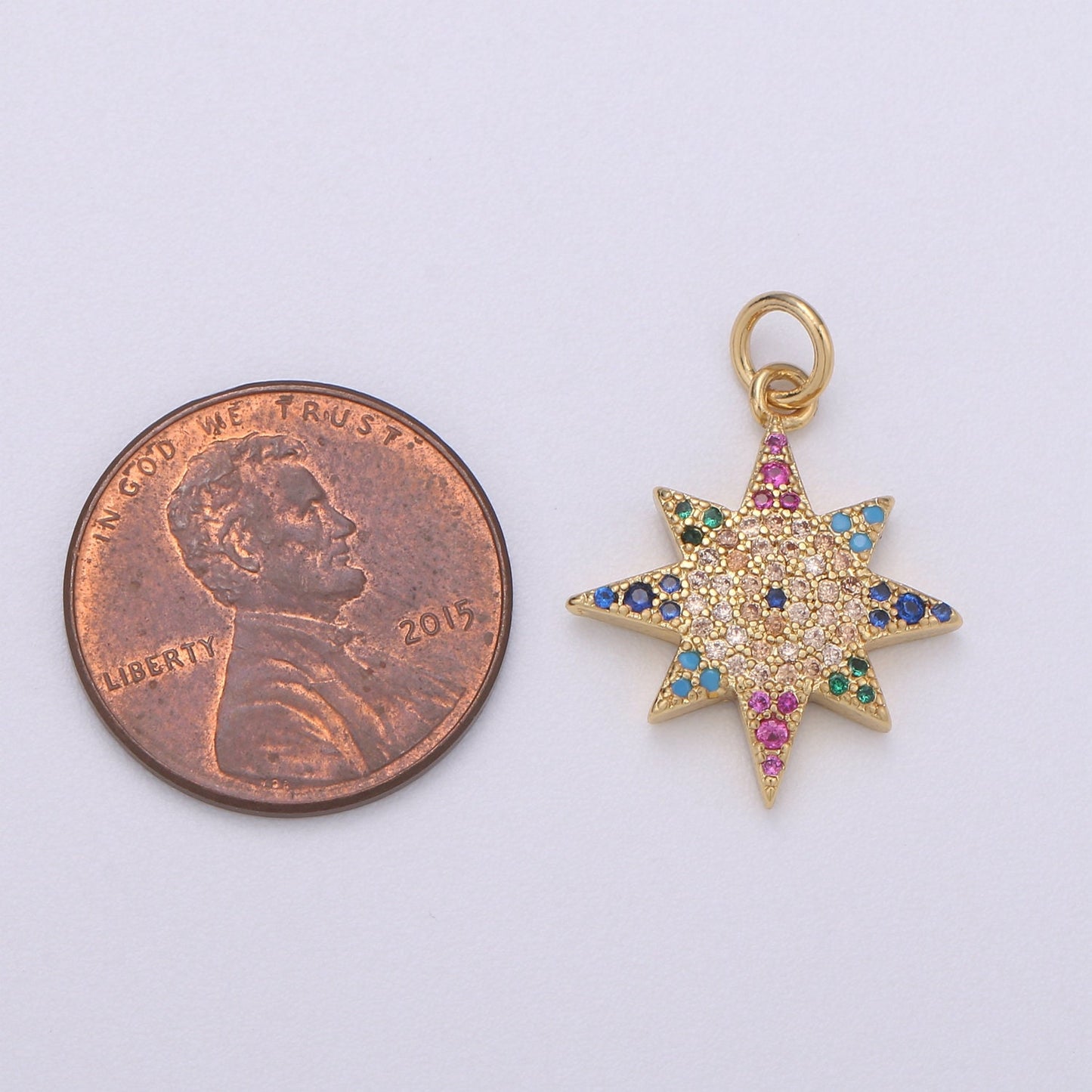 14k Gold Star Charm Micro Pave StarBurst Charm, Rainbow Cubic Charms, CZ Gold Celestial Charm, Dainty Minimalist Jewelry Supply