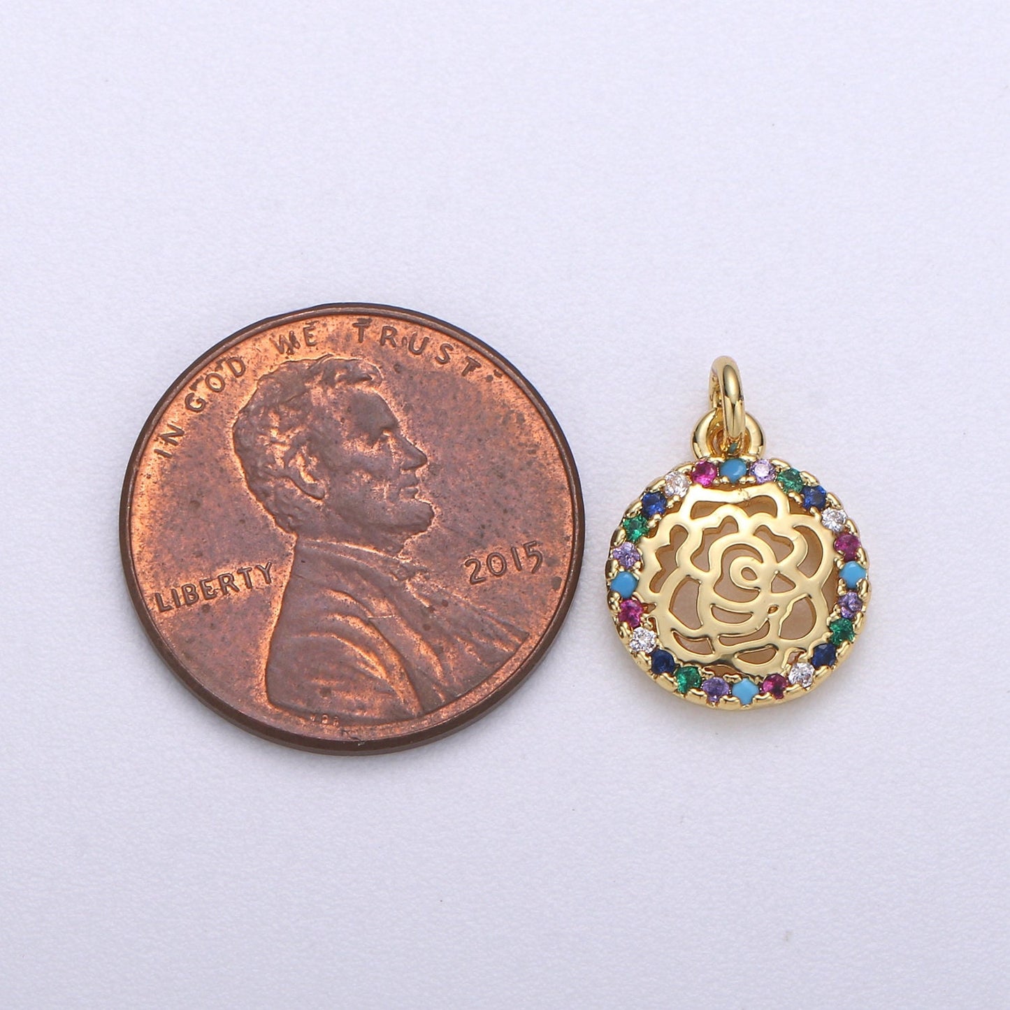 Gold Rose Charm Micro Pave Flower Charm, Rainbow Cubic Charms, CZ Gold Colorful Floral Charm, Dainty Minimalist Jewelry Supply C-460