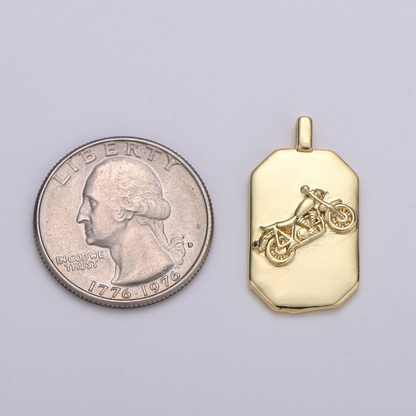 14K Gold Motorcycle Charm- Rectangle Medallion Motorcycle Pendant - Dainty Charm - for Necklace Bracelet Earring Component