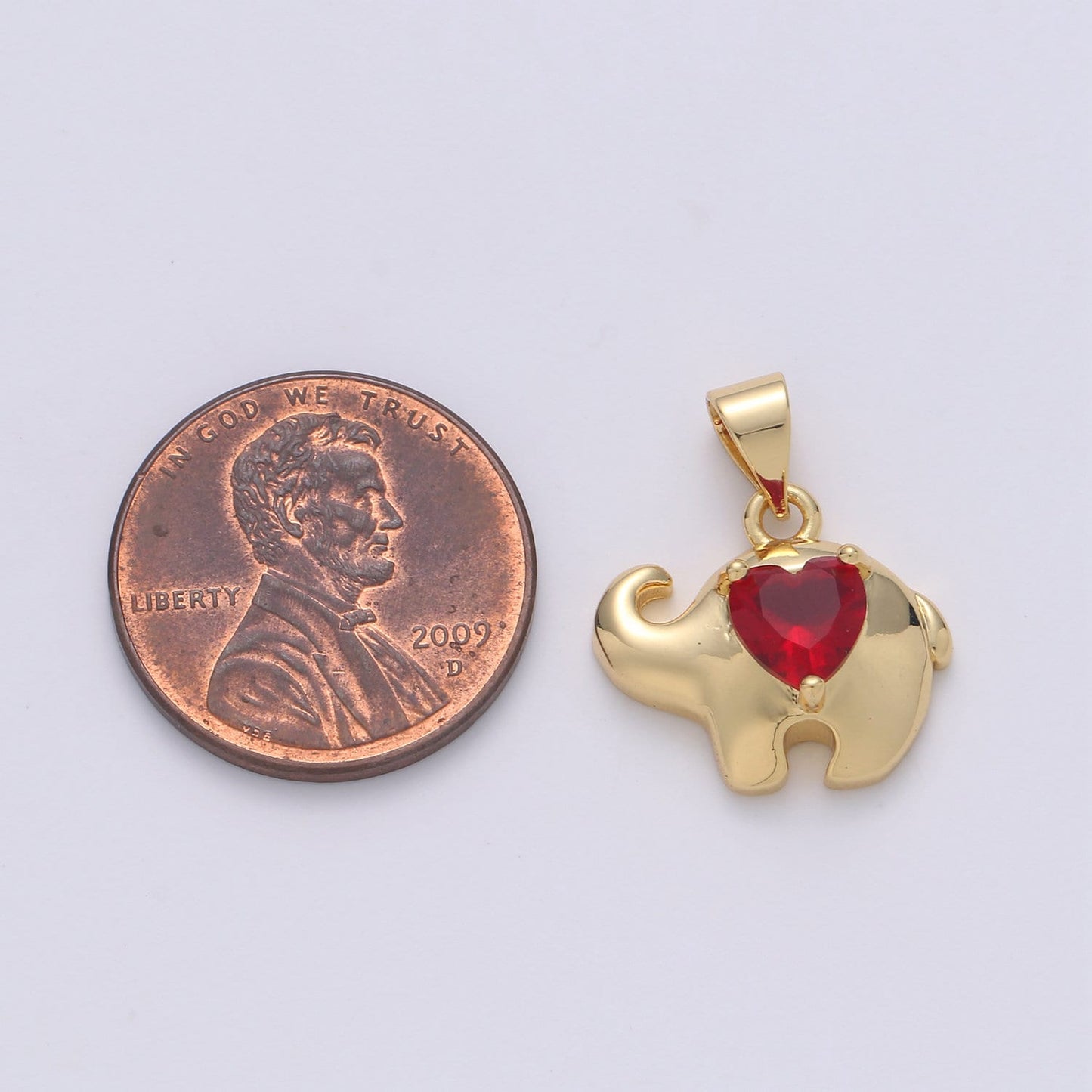 14k Gold Elephant lined Ruby Heart Pendant Charm , Elephant with red bead Pendant Charm, Pendant, For DIY Jewelry