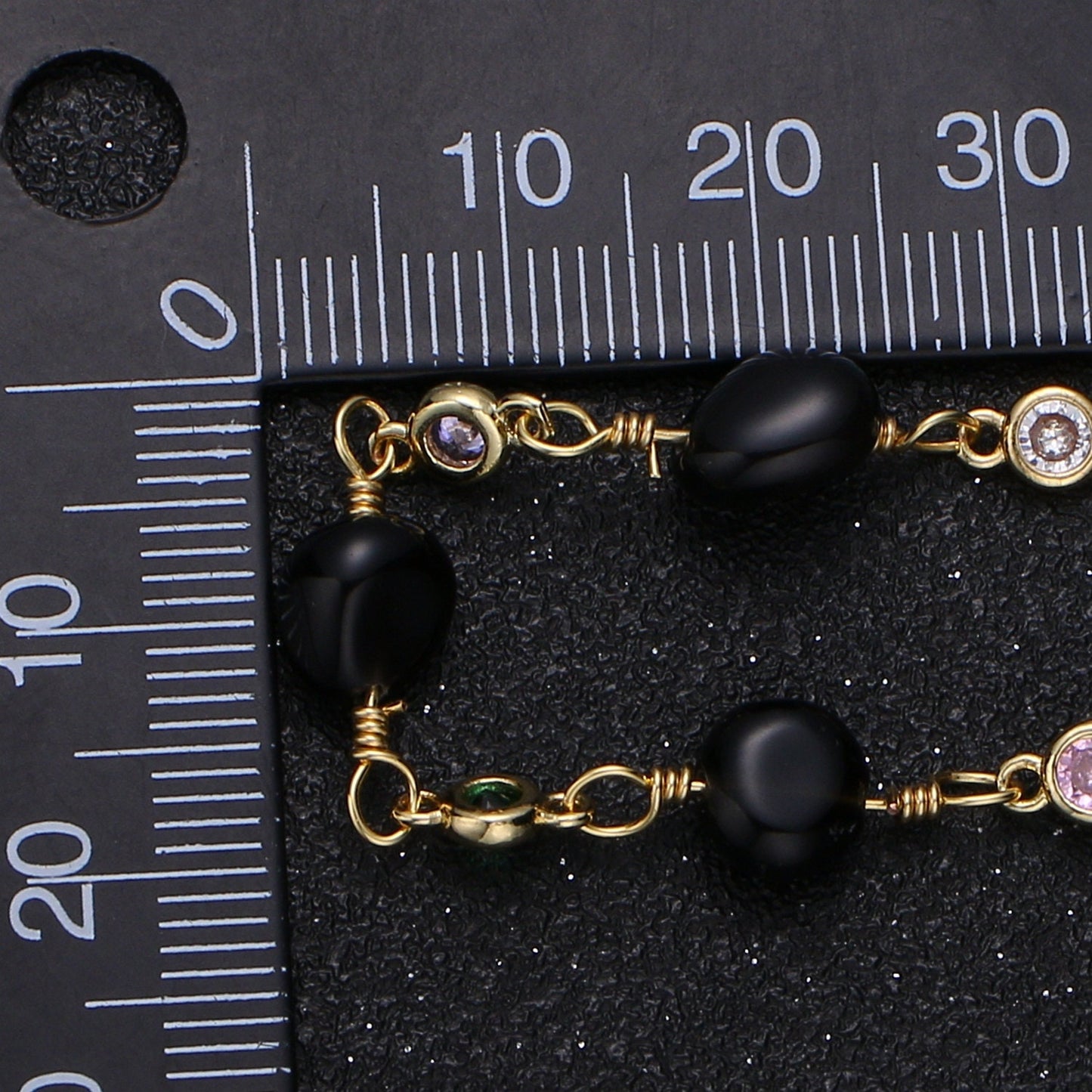 Onyx Micro Pave Charm 24K Gold Chain by Yard,Cubic Round Charm Chain by Foot, Semiprecious Stone Onyx Chain, Roll-329