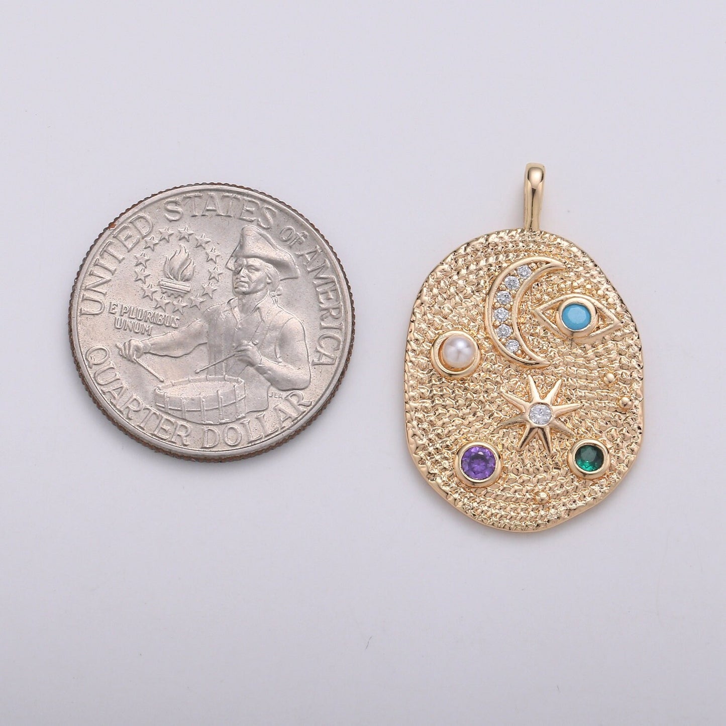Pearl and Multi color CZ Planet in the Ovum Universe Pendant 14K gold Charm, Star, Cresent Moon, Galaxy, DIY Jewelry Necklace making