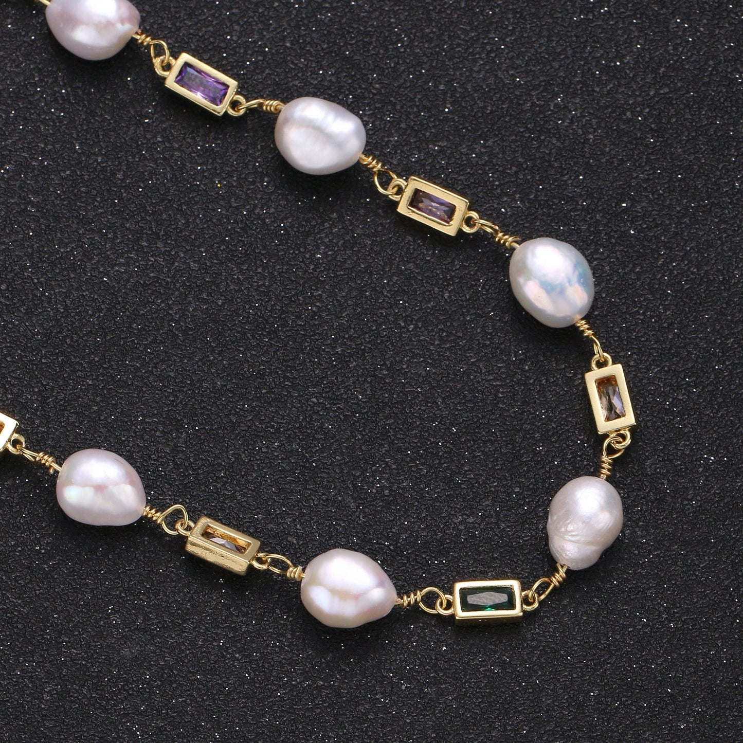 Fresh Water Pearl Micro Pave Charm 24K Gold Chain by Yard, Multi color Square Cubic Chain, Baroque Pearl CZ Chain, Roll-319.320,321