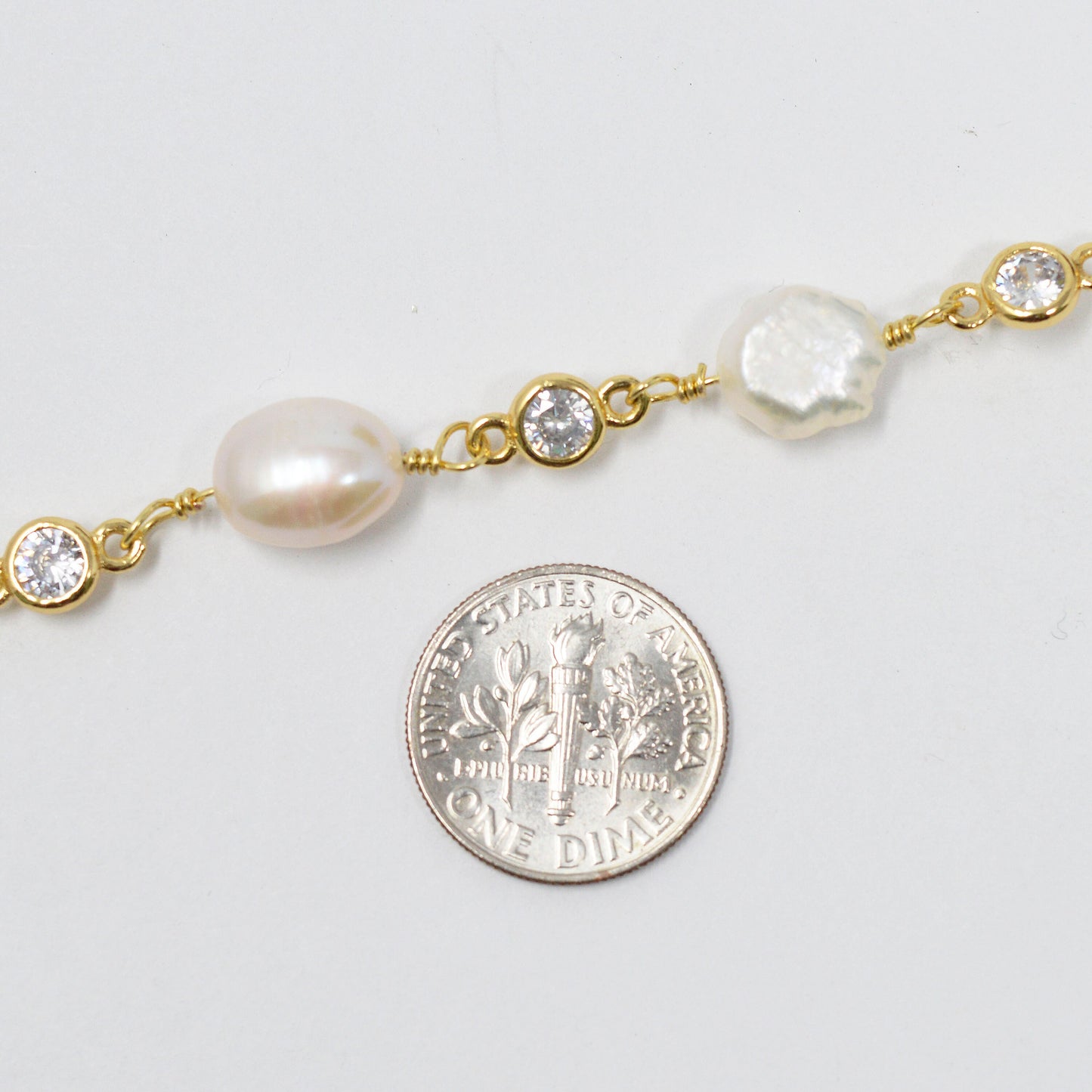 Baroque Mother Pearl Gold Plated CZ Charm Chain by Yard, Fresh Water Pearl Cubic Chain, White Fresh Water Pearl Chain | Roll-433