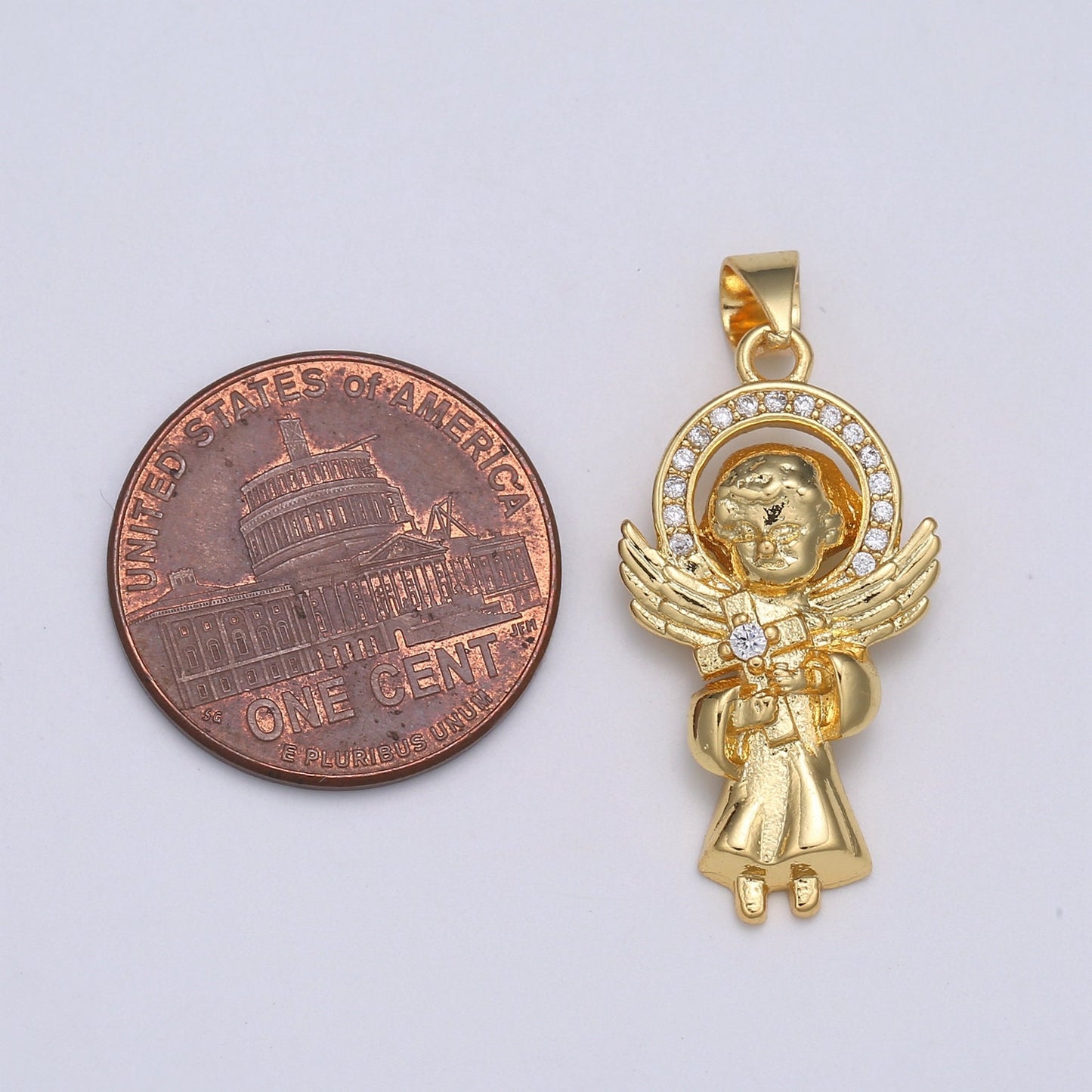 14K Gold Angel Charm for Necklace Pendant Micro Pave Little Boy With Cross for Catholic First communion, Baptism, Easter Gift Idea