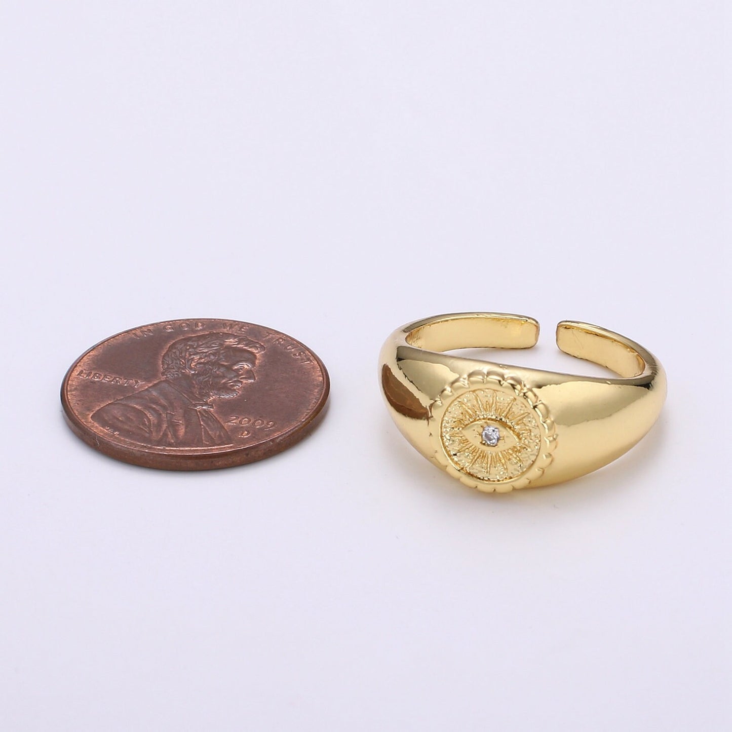 Gold Evil Eye Ring, Sun Burst Evil Eye Charm, Solitaire Clear Cubic Charms, CZ Gold Evil Eye Charm, Sun Burst Jewelry Supply RING-322