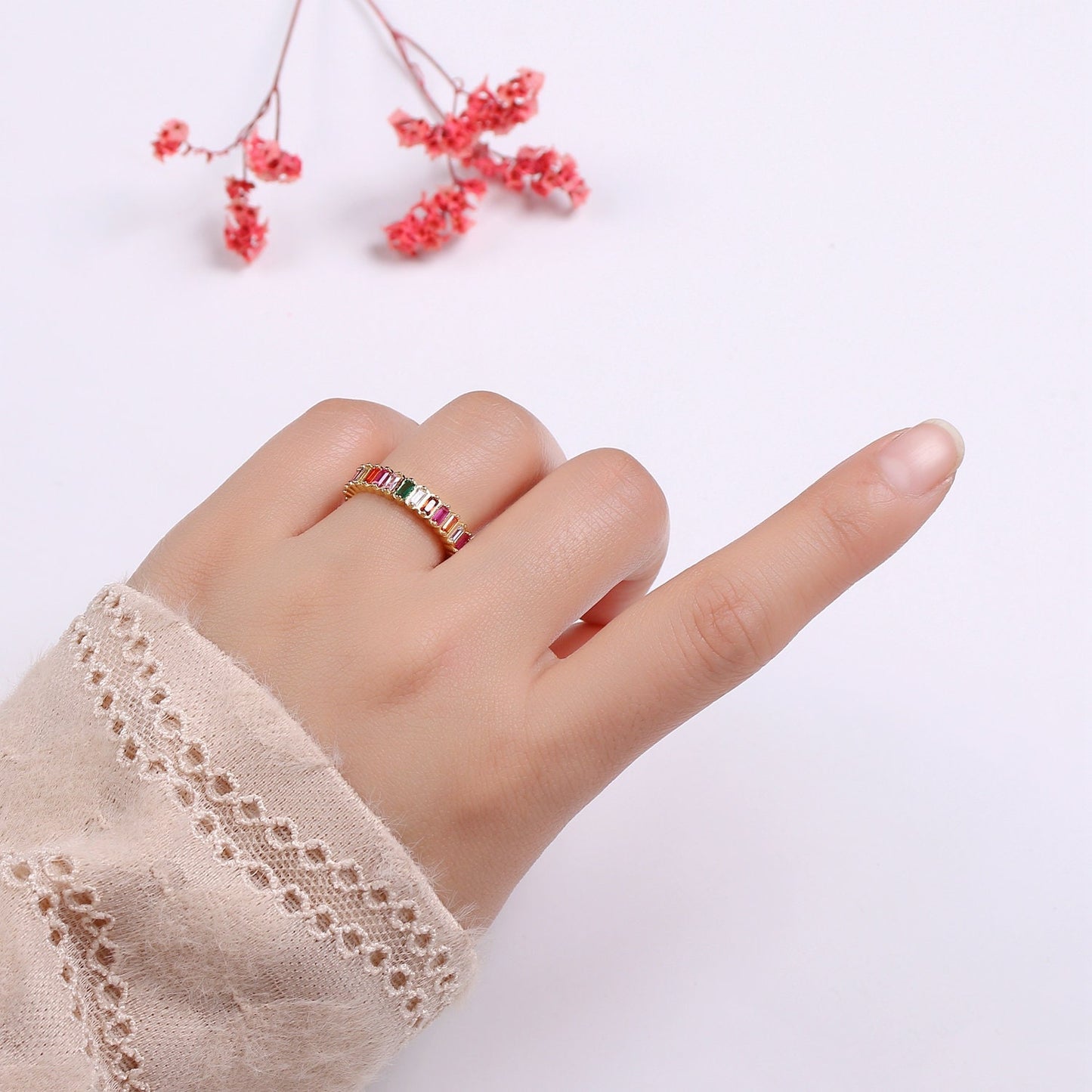 Chunky Rainbow CZ 24k Gold Ring, Adjustable Gold Cubic Open Ring, Baguette Ring, Statement ring Zirconia Ring for DIY Jewelry RING-314