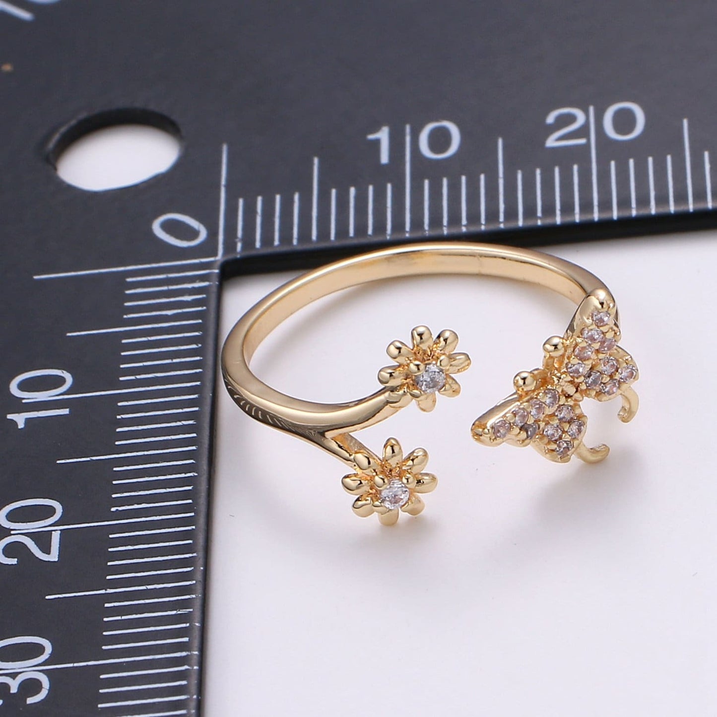 1pc Butterfly 18k Gold Ring, Adjustable Gold Curb Ring, Simple CZ Flower Ring, Garden lover Ring- 271