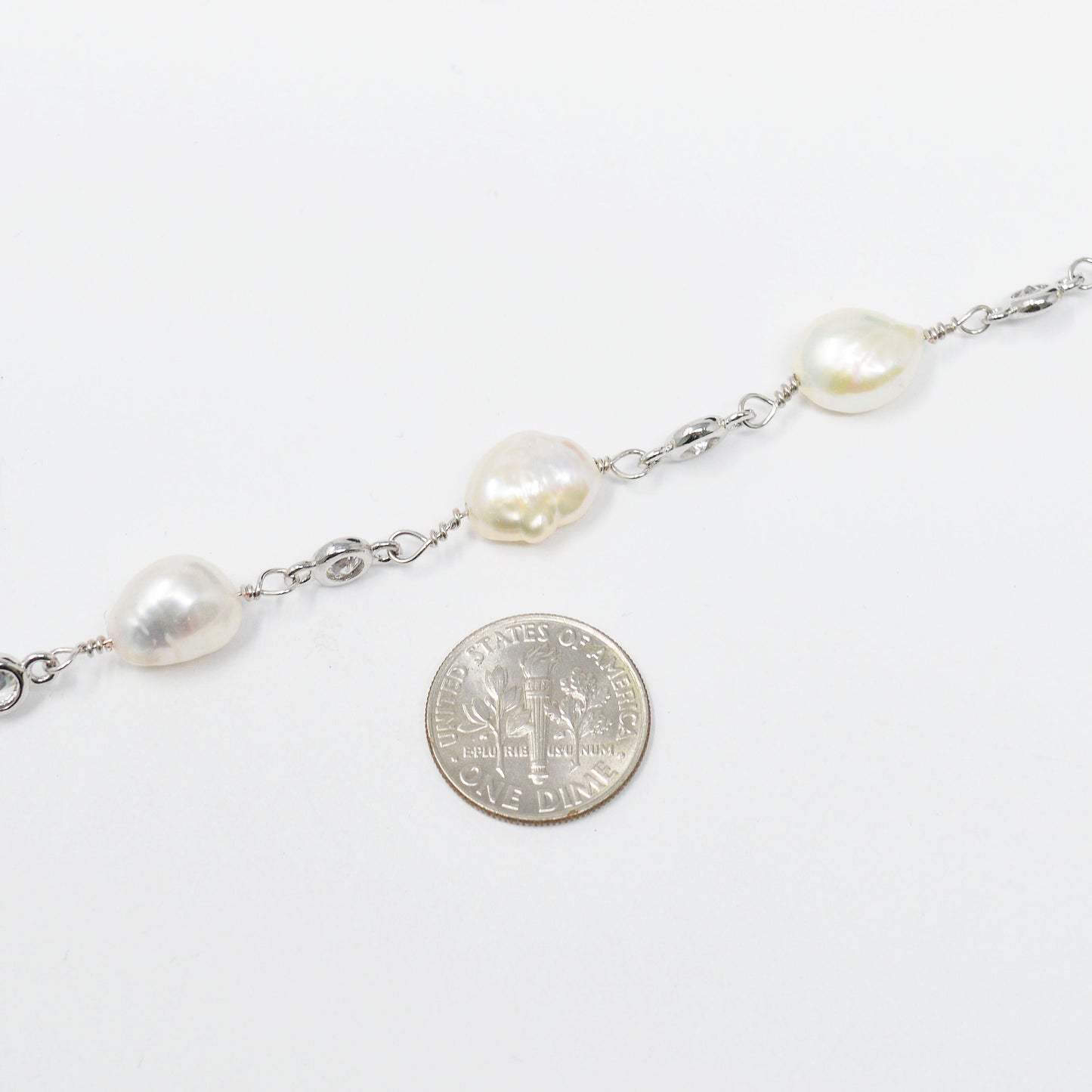Baroque Mother Pearl 24K White Gold CZ Charm Chain by Yard,Fresh Water Pearl Cubic Chain by Foot, Clear Cubic Zirconia Chain,-431
