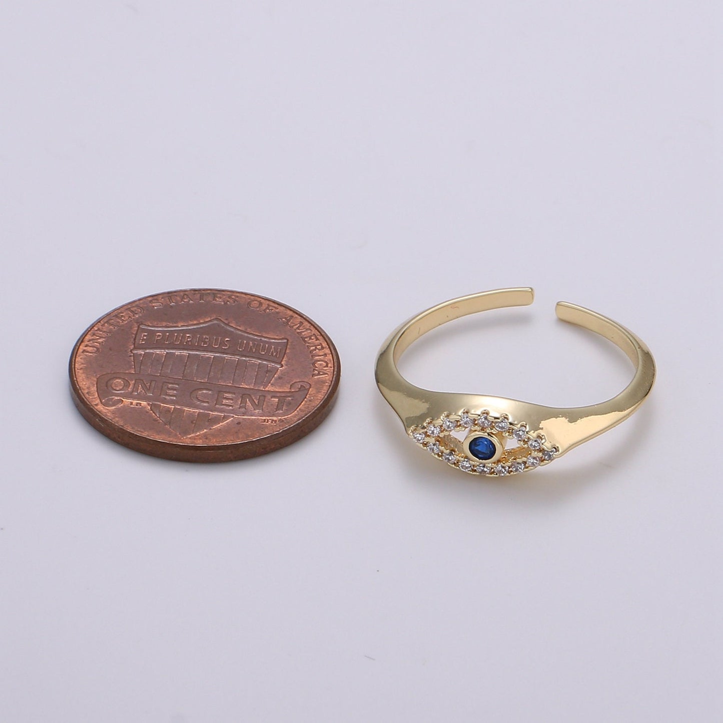 1pc Blue Solitaire CZ 14K Gold Ring, Evil Eye Adjustable Gold Open Ring, Simple Ring,Clear Cubic Zirconia Ring- R-491
