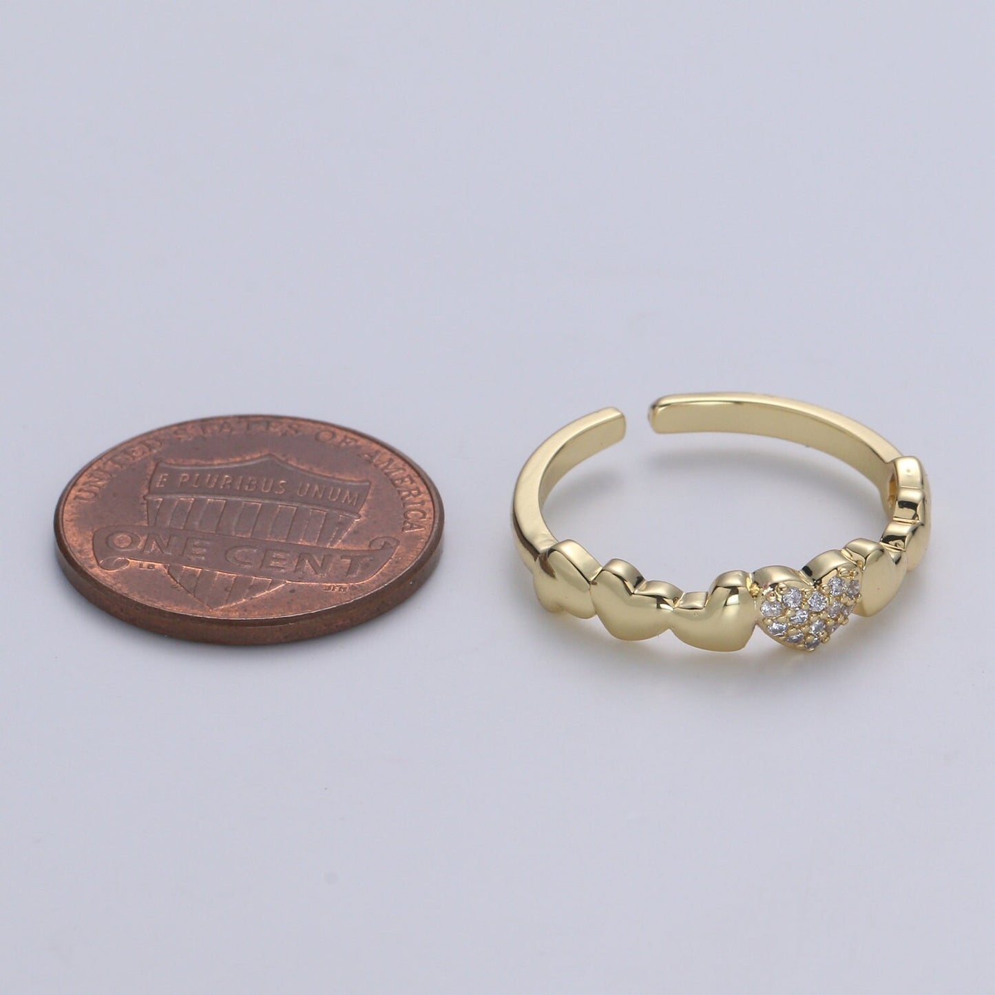 1pc Hearts 14K Gold Ring, Adjustable Gold Curb Ring, Simple CZ Love Ring, Tender Care Cubic Ring. 390