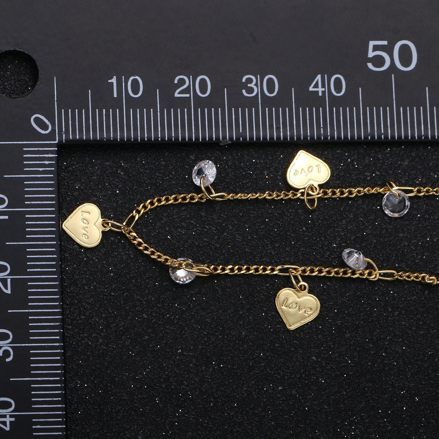 Love Charm 24K Gold Cubic Chain by Yard, Polaris 4mm CZ Charm Specialty Link Chain , Heart 7.6mm x6.3mm. Chain 0.7mm Thick,Roll-323