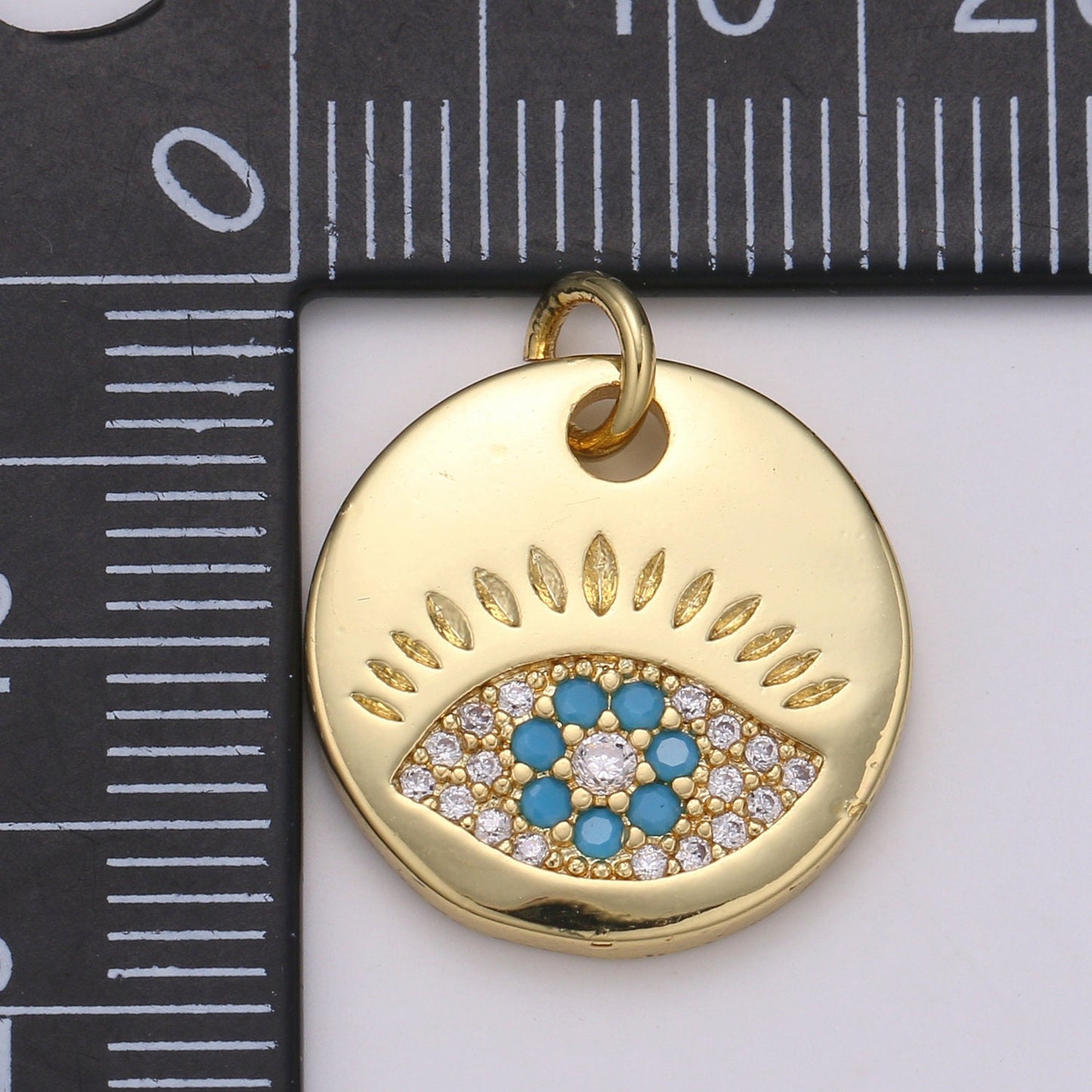 1Pc 24K Gold Evil Eye Round Circle Charm Medallion Coin Round ,Blue, Red, Green, Teal CZ Eye of Ra Charm for Necklace,chgf 2018-2021