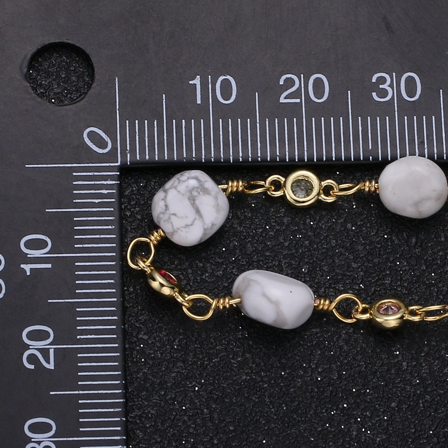 Howlite GemStone Micro Pave Charm 24K Gold Filled Chain by Yard Cubic Round Charm Chain, Semi precious Stone Chain, Roll-337