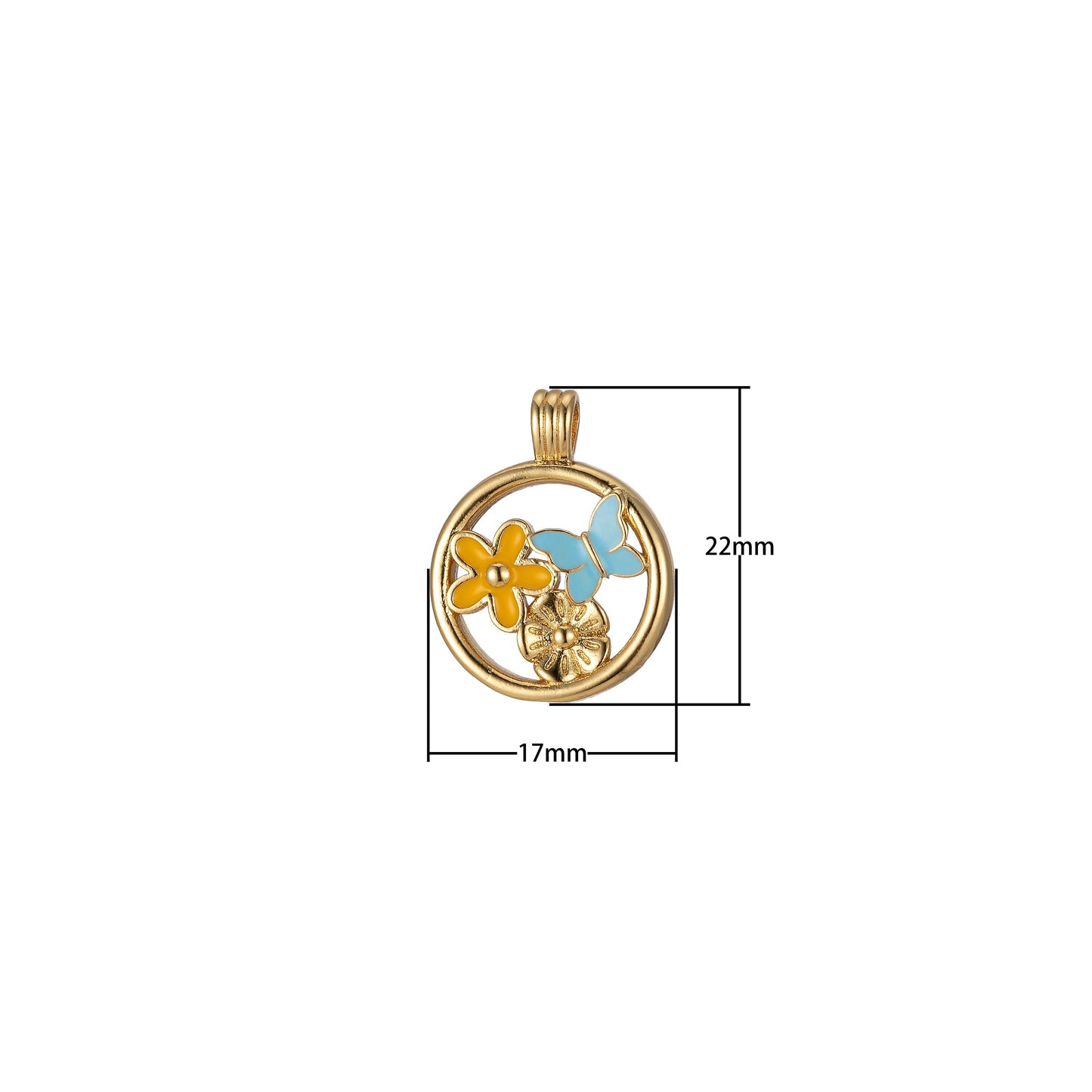 Gold Filled Daisy Round Medalion Pendant Blue Butterfly and Flower Charm Colorful Enamel Pendant, 2245