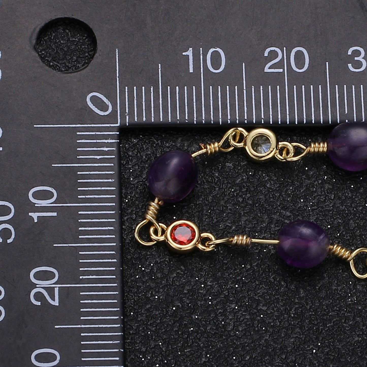 Purple Amethyst GemStone Micro Pave Charm 24K Gold Filled Chain by Yard Cubic Round Charm Chain, Semi precious Stone Chain, Roll-337