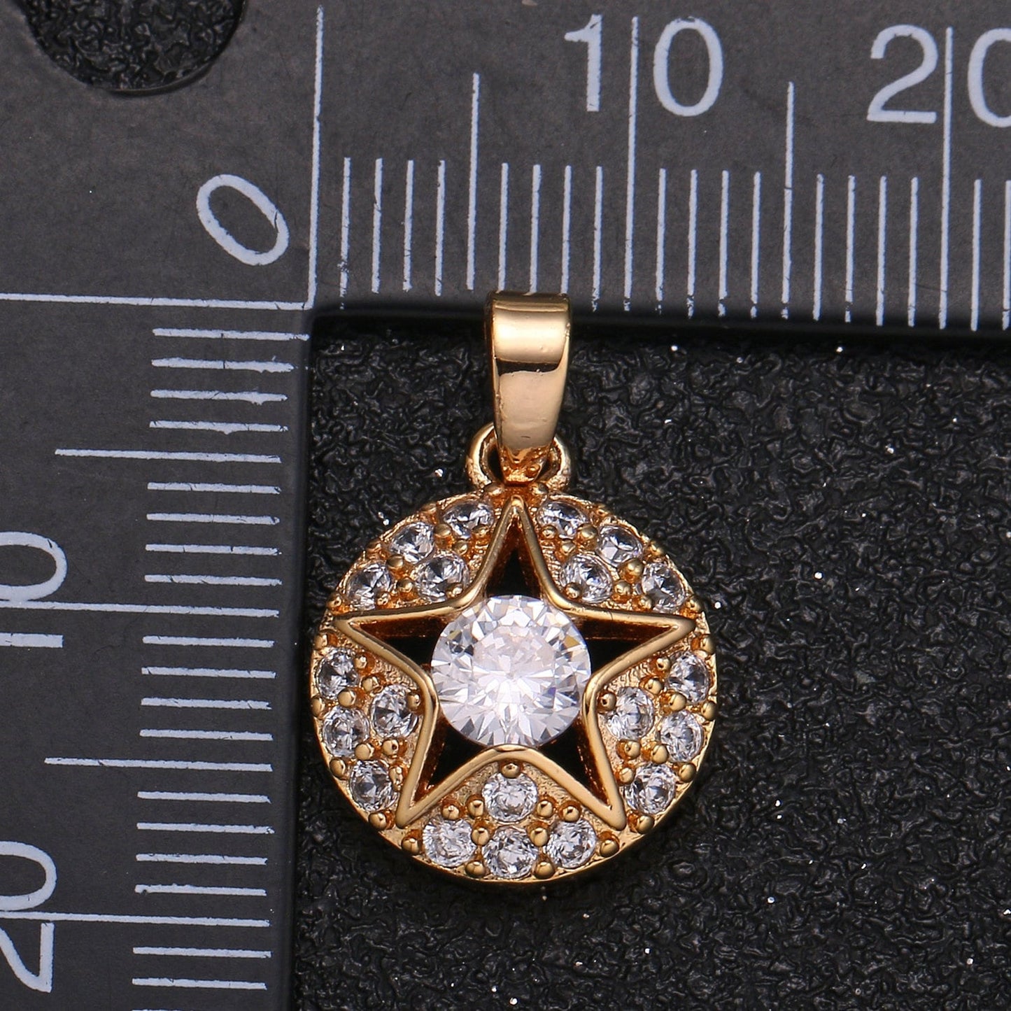 Gold Micro Pave CZ Star Charm, Cubic Galaxy Solitaire CZ Pendant, Coin Pendant, Celestial Jewelry -421
