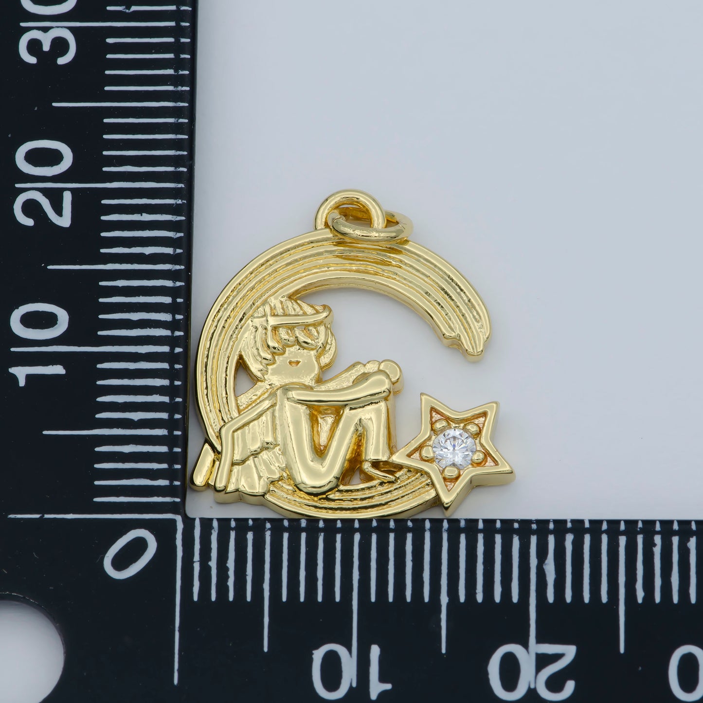 CZ Micro Pave Cherub Angel On Cresent Moon Shape Pendant, Gold Filled Charm Pendant, Necklace Bracelet Component M-356