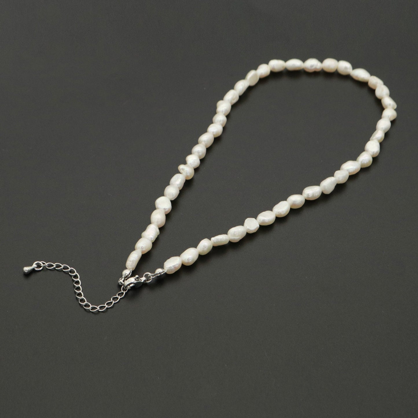 Silver Mother Pearl Choker Necklace, Fresh Water Pearl Baroque Chain Necklace 14.8"+ 2 inch extender Necklace Beaded Silver Chain
