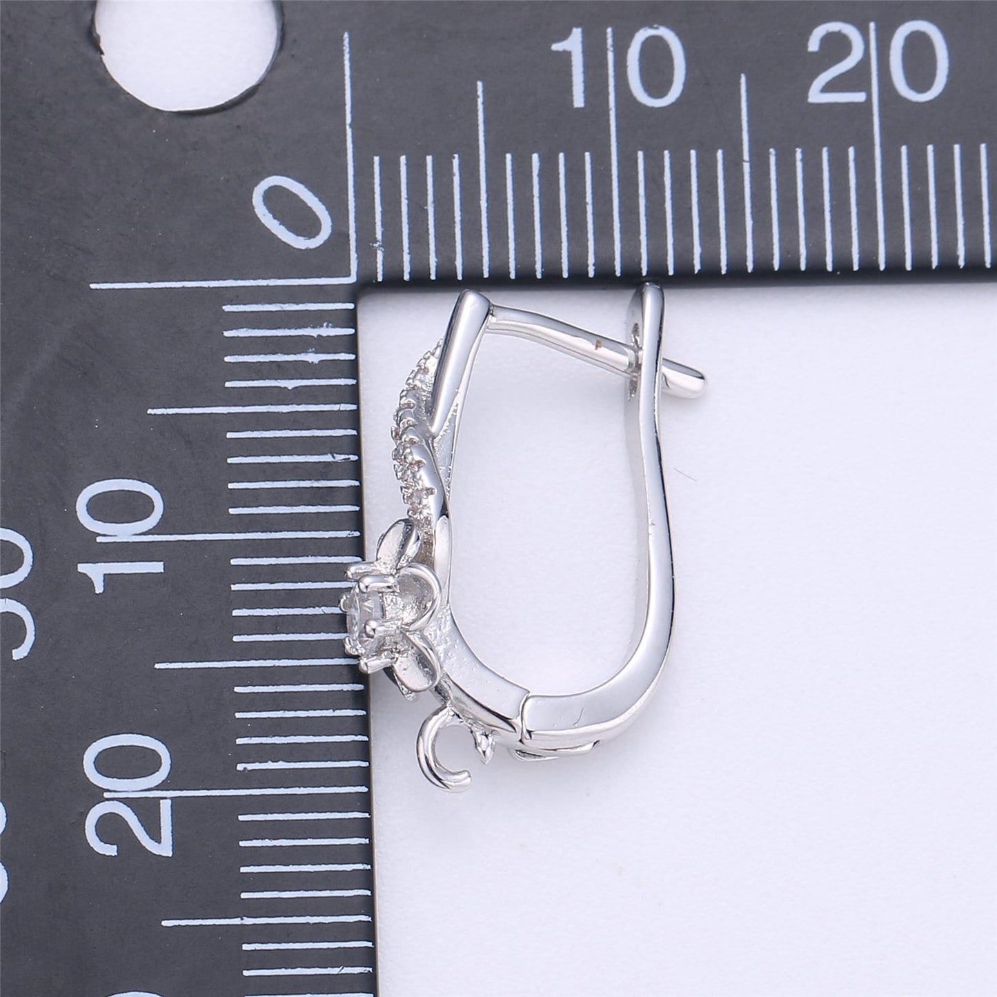 Silver Flower Huggie Clear cubic one touch w/ open link, Lead Nickel free Lever back earring making Component Cz Earring Supply