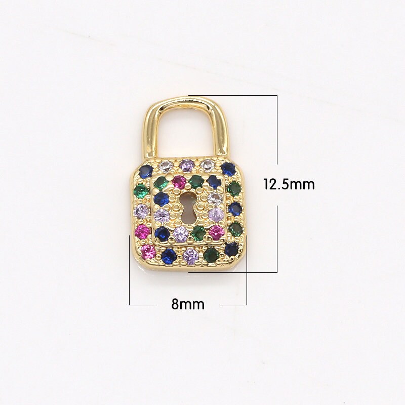 Mini Multi Color CZ Lock Charms, Micro Pave Gold Padlock Charms, Square Lock Pendant, Padlock Necklace Bracelet Earring Charm, 798