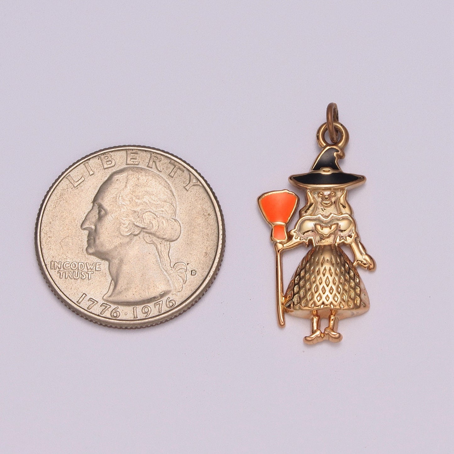 Gold Witch Charm Enamel Old Hag Witch With Broom for Halloween Pendant Jewelry Inspired