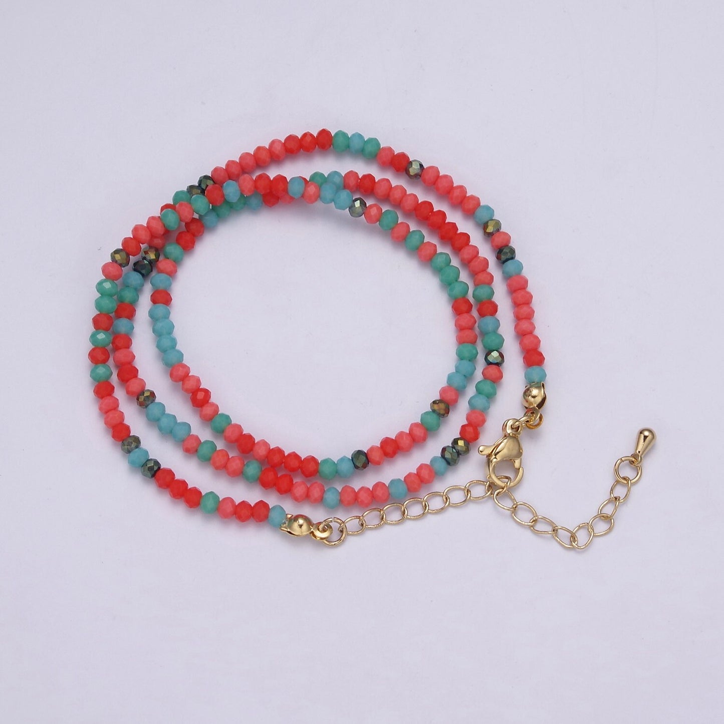 Frosted Glass Beads Necklace,facetted glass beads Chain Necklace, 17.6" + 2.0 inch Necklace Mixed Color Beaded Gold Clasp, WA-454