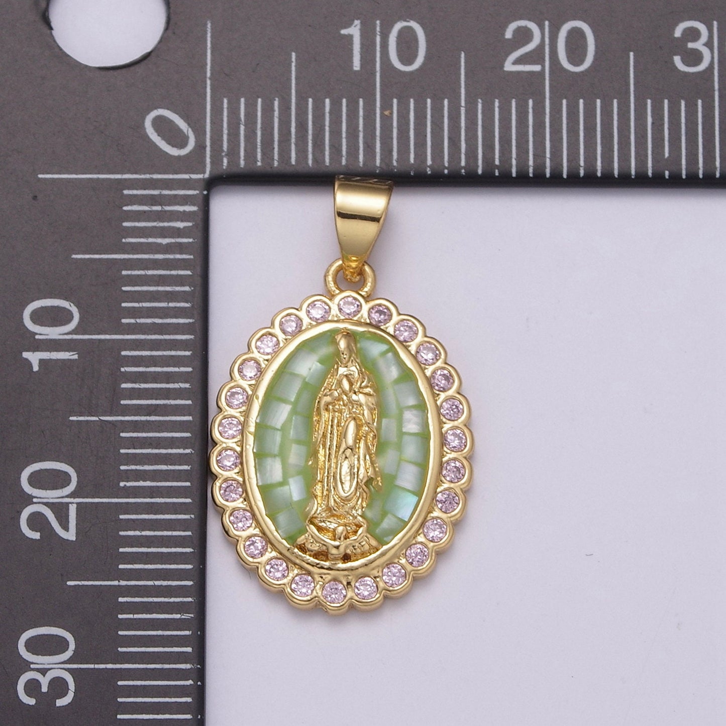 Gold Pearl finished with Blue/Green Transparent Epoxy Checkers Pendant Gold Mother Mary Pendant Round Charm Gold Medallion, H-057, H-059