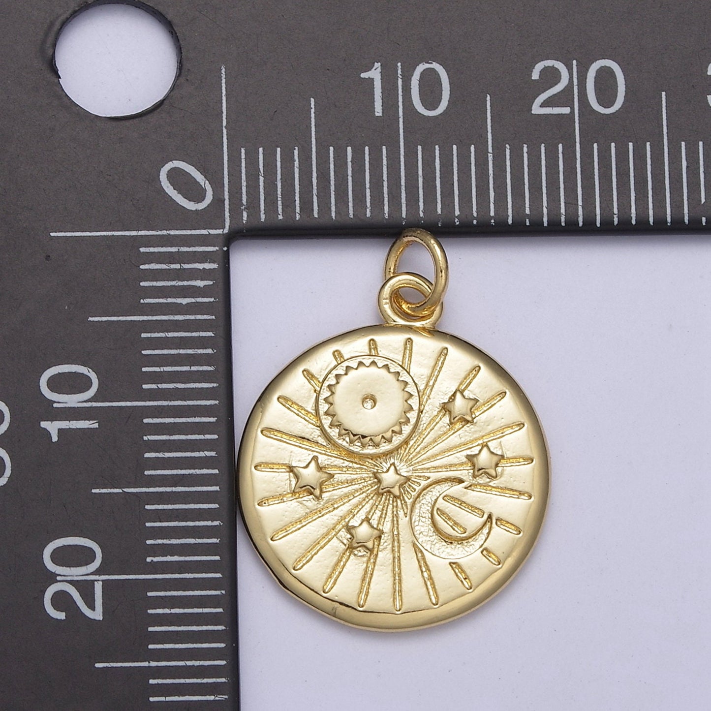 Round Coin Disc Star Sun Moon Planet Pendant, Gold Space Celestial pendant C-695