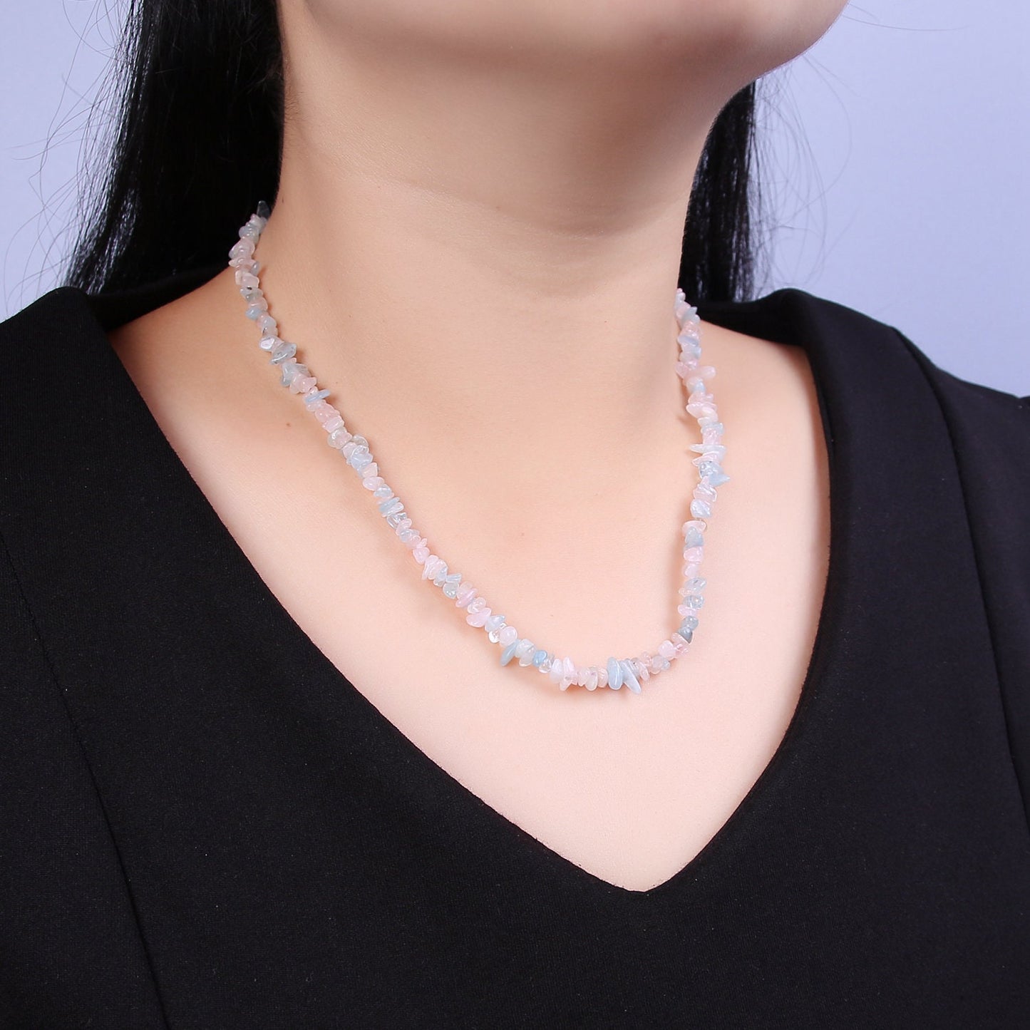 Pink Blue Morganite Beaded Necklace - 17.7" Chip Necklace Healing Crystals, Gemstone Necklace, Handmade Jewelry, Crystal Necklace WA-647