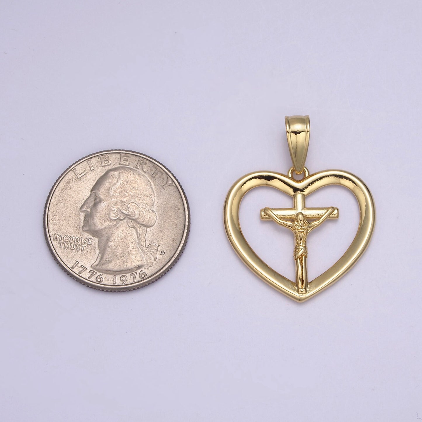 24K Gold Jesus on the Cross Charm, Jesus Loves You Heart Pendant, Religious Christian Catholic DIY Jewelry Necklace Making For Baptism H-701