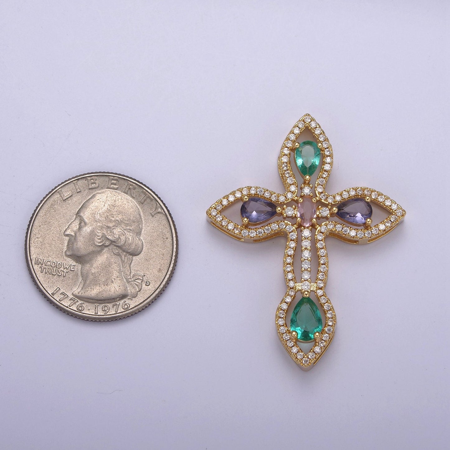 Multicolor Micro Pave Religious Cross Pendant, Purple Green Pink Cubic Zirconia Christian Catholic Charm Supply For DIY Jewelry Making N-536