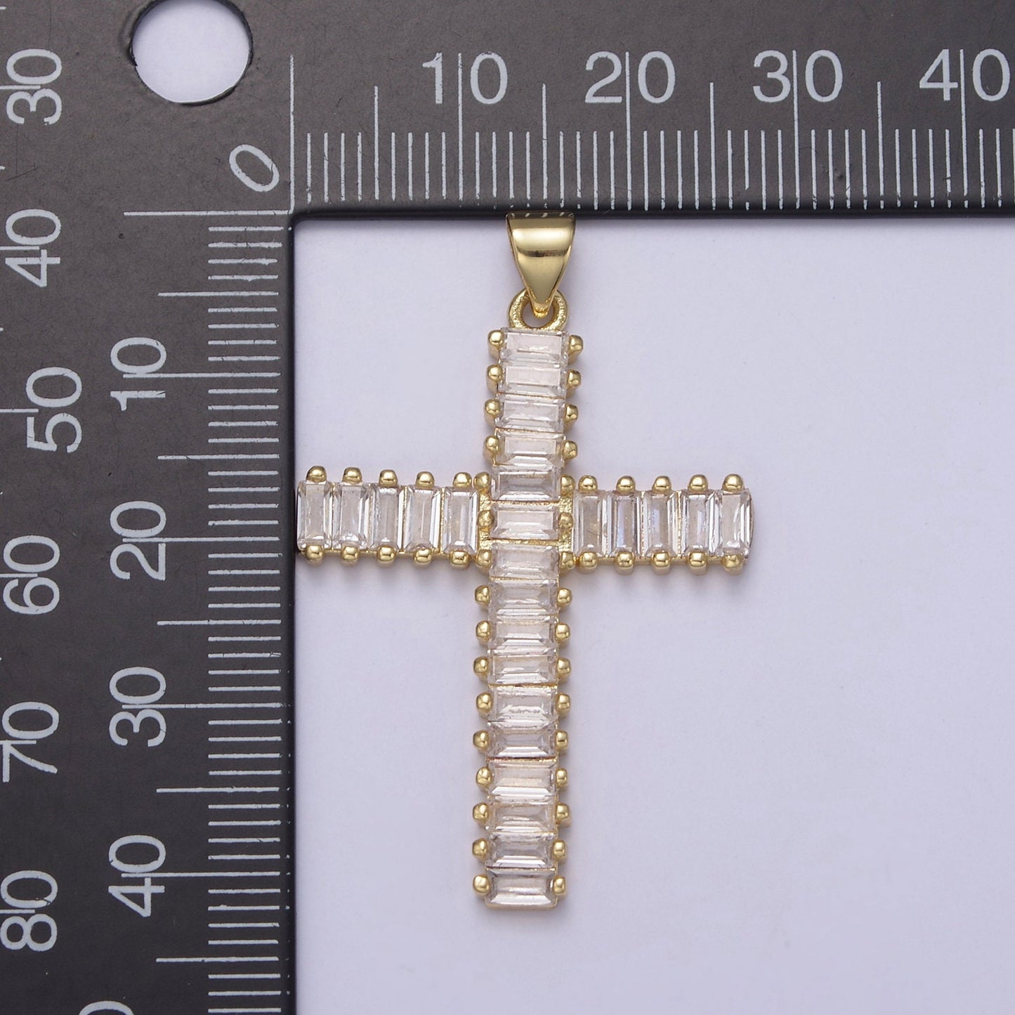 Clear Baguette Cubic Zirconia Cross Pendant, 24K Gold Christian Catholic Supply For DIY Jewelry Making N-539
