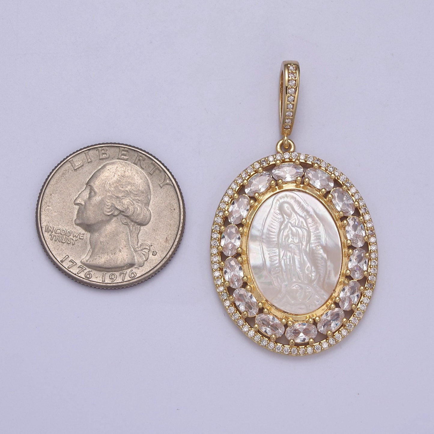 Bold CZ Micro Pave Lady Guadalupe On Oval Pearl Charms, 14K Gold Filled Virgin Mary Pendant, Mother of Pearl Necklace Charm H-515