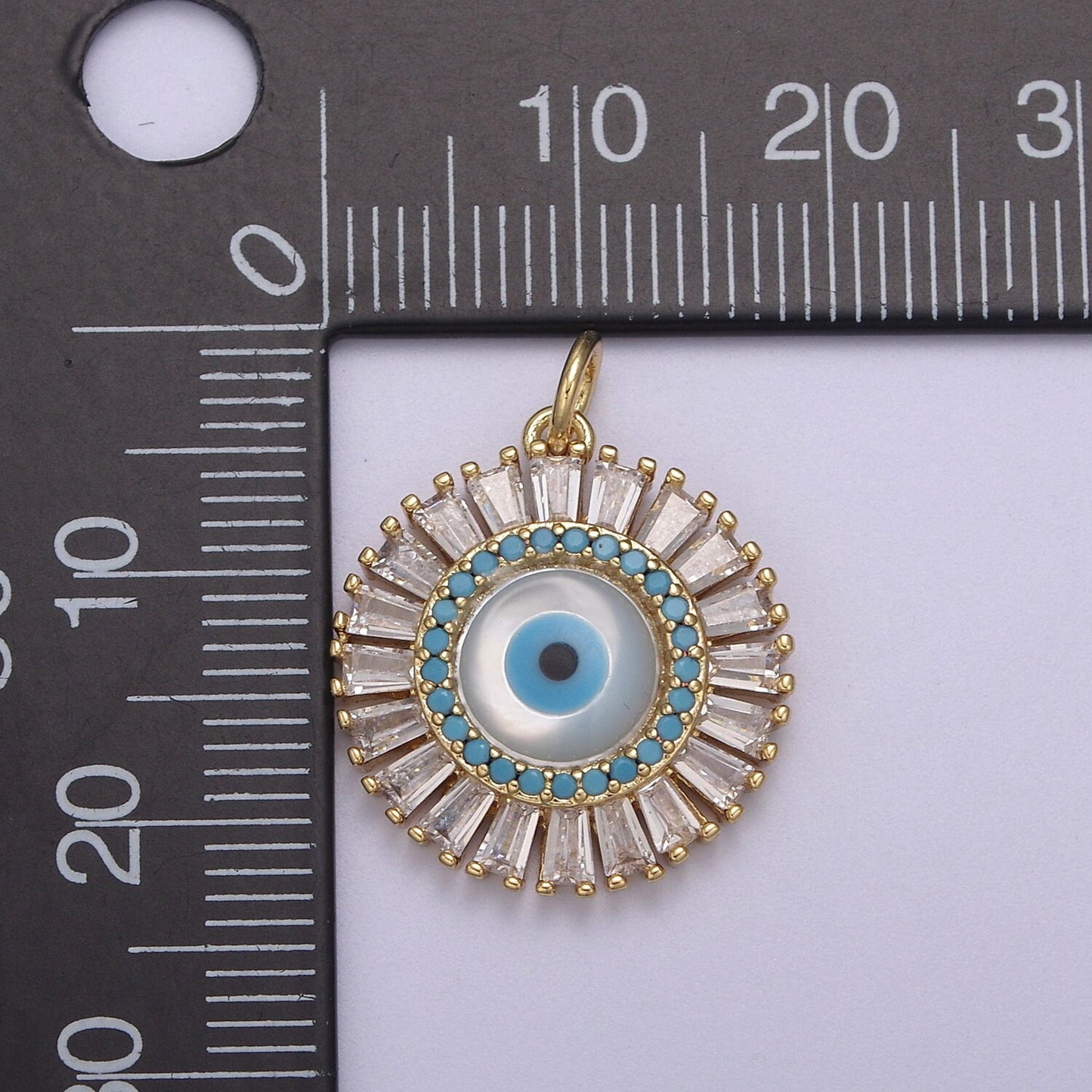 Dainty Gold Filled Baguette CZ Evil Eye Charm Necklace | CZ Round Pendant Amulet Protection Jewelry N-827