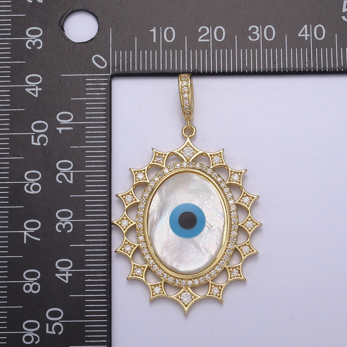 Bold Oval Blue Evil Eye Charm Micro CZ Paved Charm w/ Star Design Pearl Stone Center DIY Pendant Component Necklace Bracelet | N-560