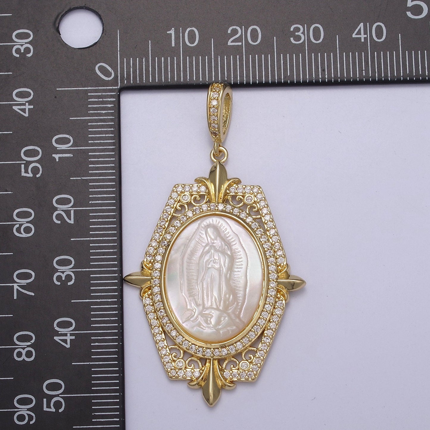 1x Bold Pearl Center Virign Mary Charm Micro CZ Paved Charm w/ Hexagonal Fleur Decor Frame DIY Pendant Component Necklace | N-567 N-568