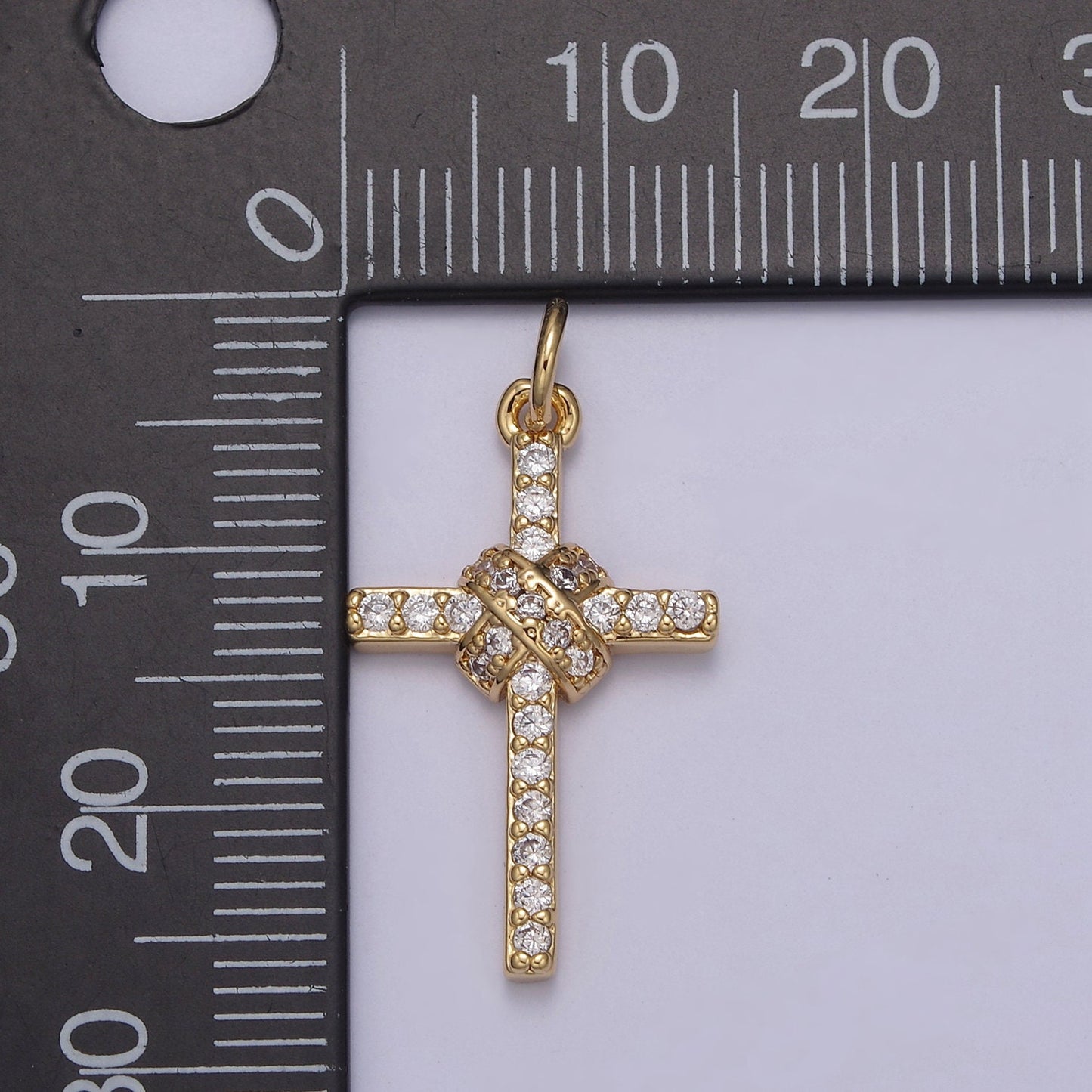 Dainty Bound Cross Charm 16K Gold Filled Cross Pendant with Clear Cubic Zirconia Micro Pave Religious Jewelry Making N-856