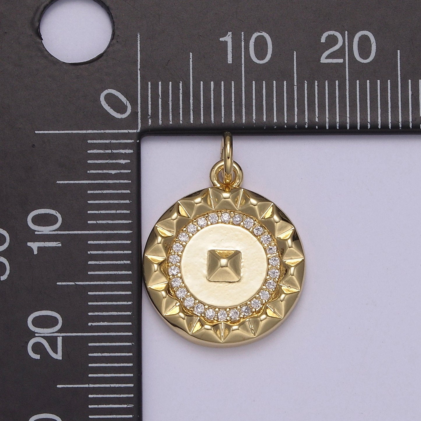 Dainty Gold CZ Paved Circular Medallion with Pyramid Center Small Minimalist Amulet DIY Necklace, Bracelet | N-916
