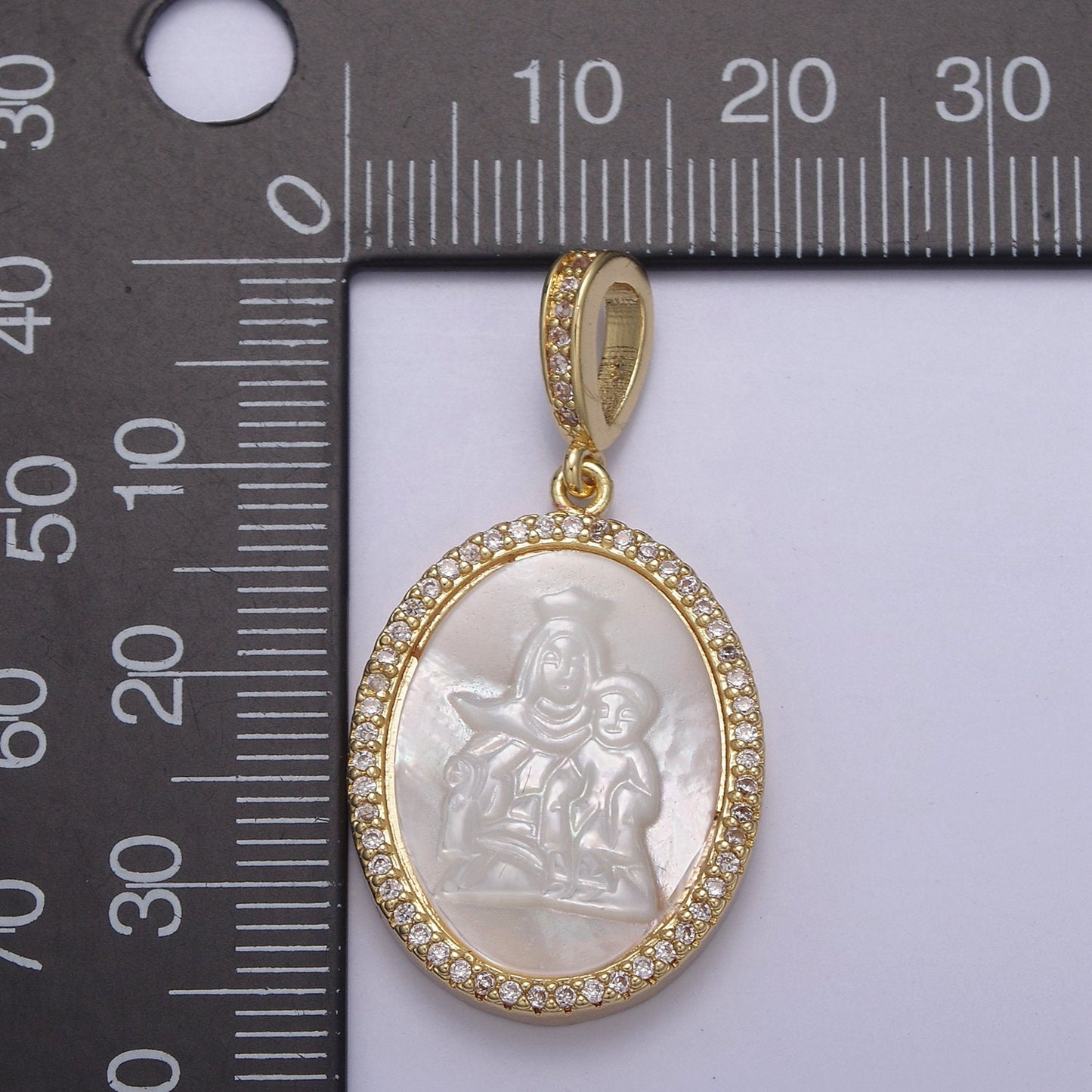 Bold CZ Paved Lady Guadalupe Holding Baby Jesus Oval Pendant Virgin Mary on Pearl Religious DIY Charm Supply for Necklace Bracelet | N-562